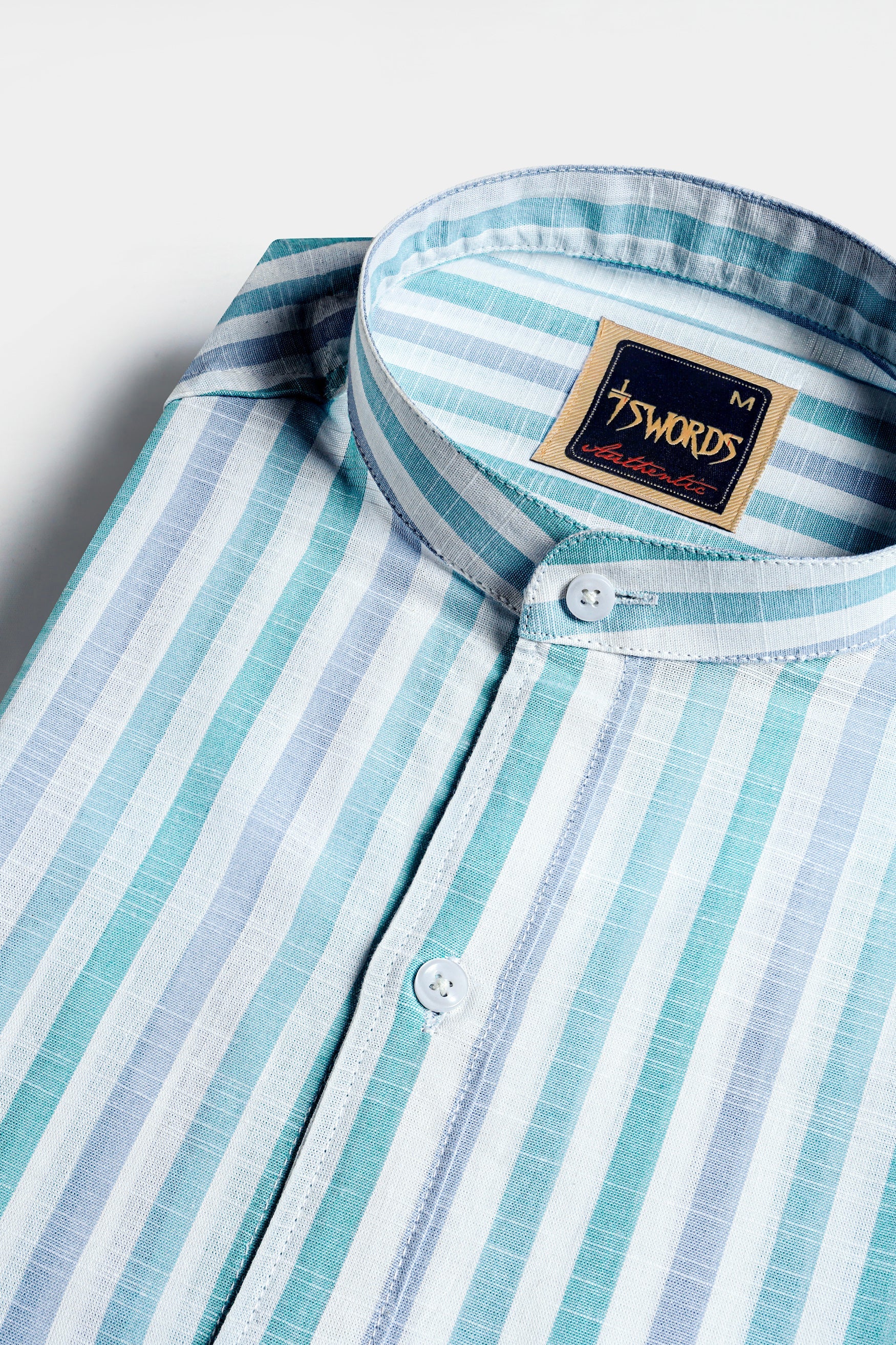 7swords-Bright White with Cascade Green and Yonder Blue Striped Premium Cotton Shirt