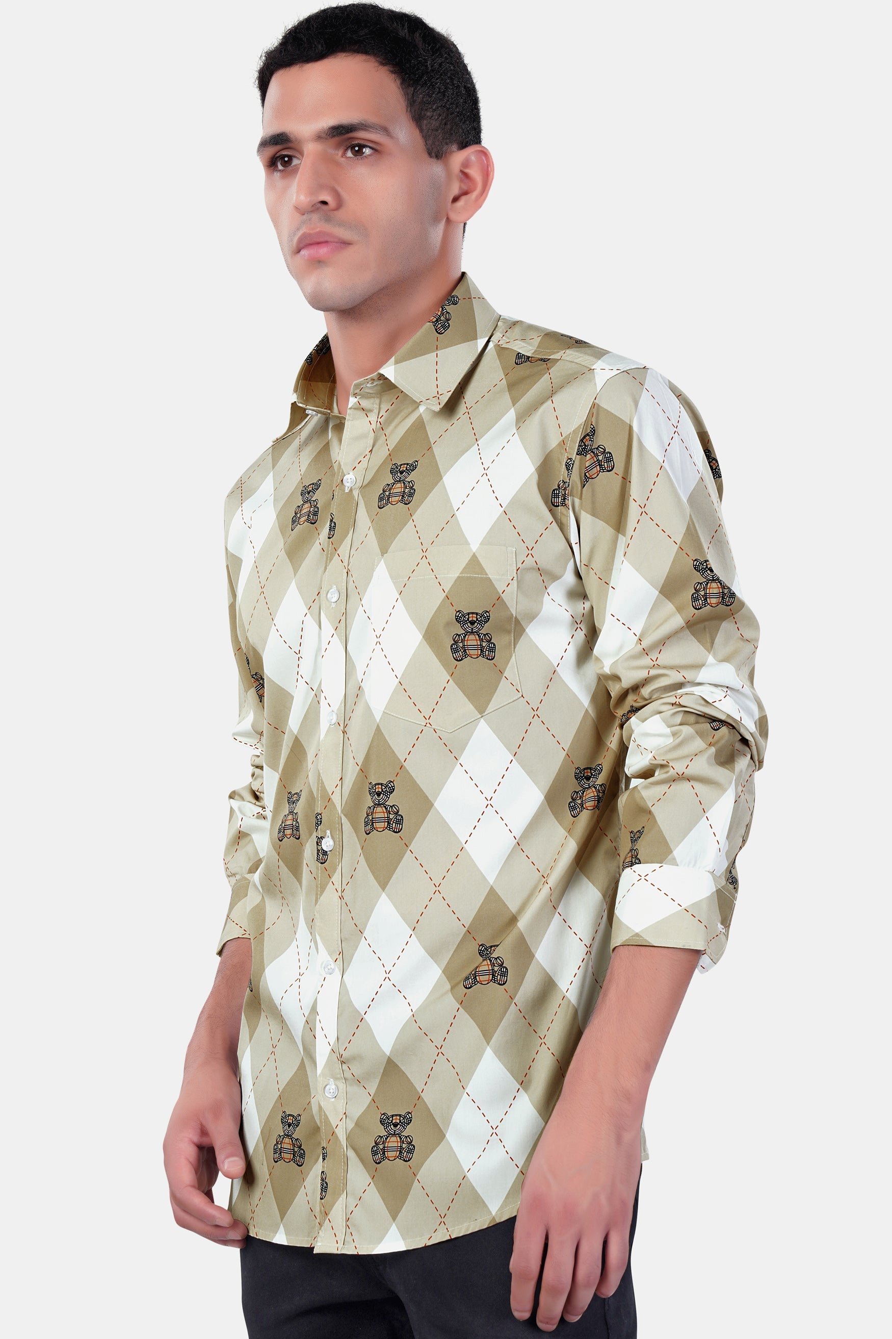 7swords-Beaver Brown with White and Milano Red Geometric with Teddy Bear Printed Premium Cotton Shirt