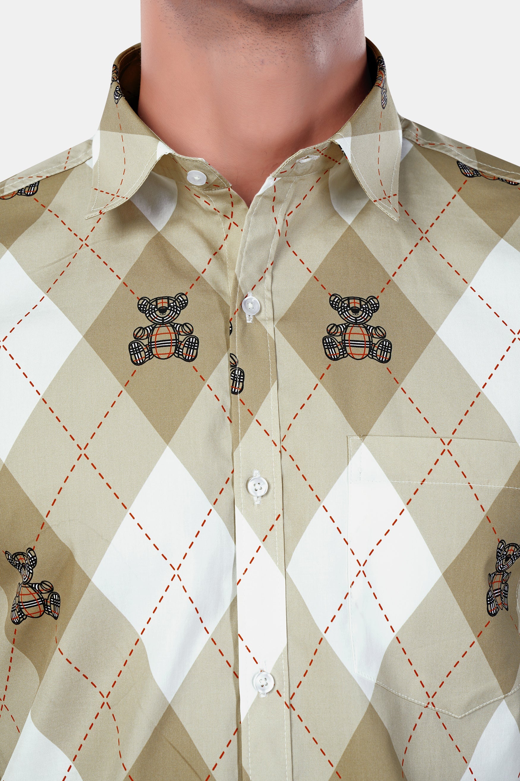 7swords-Beaver Brown with White and Milano Red Geometric with Teddy Bear Printed Premium Cotton Shirt