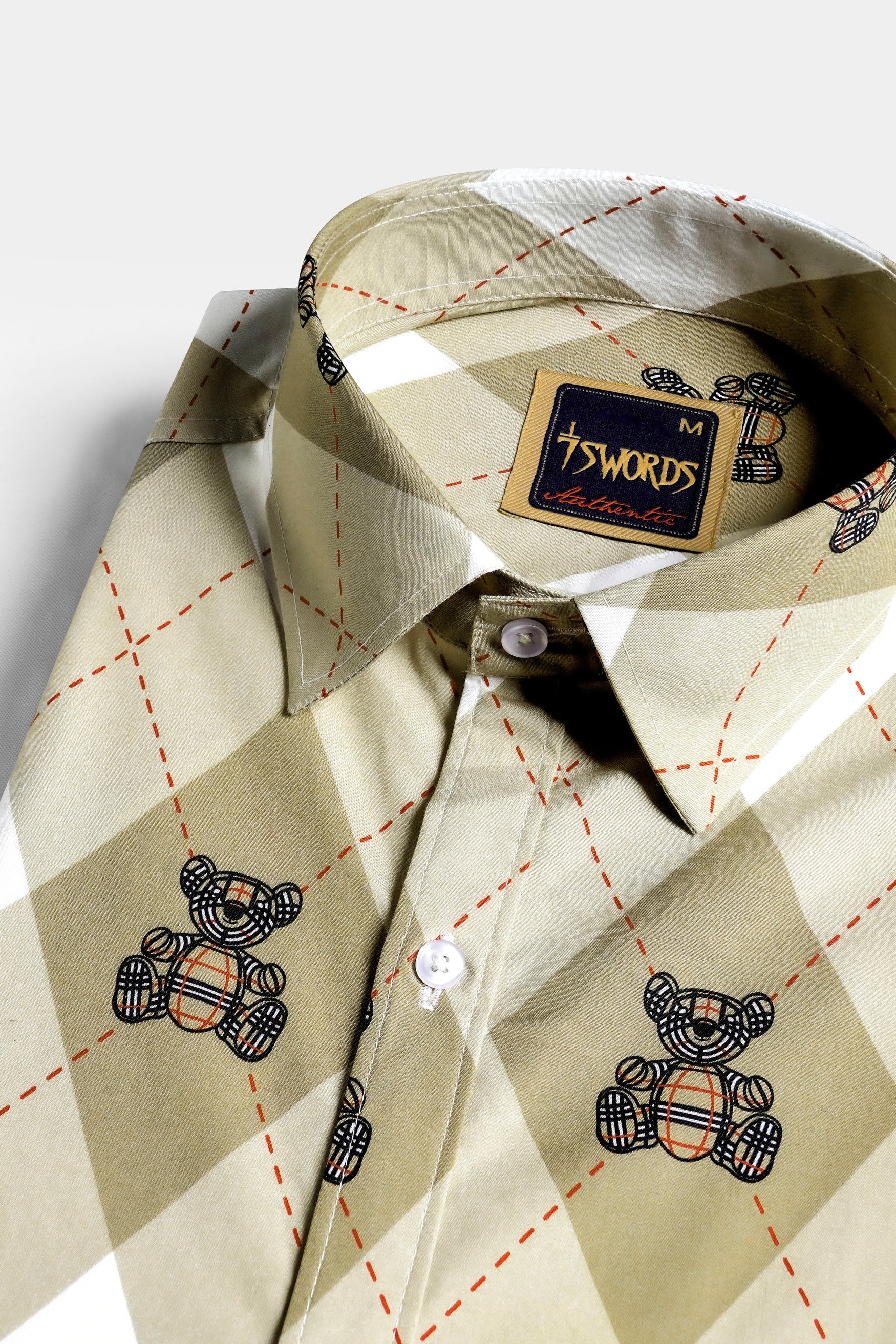 7swords-Beaver Brown with White and Milano Red Geometric with Teddy Bear Printed Premium Cotton Shirt