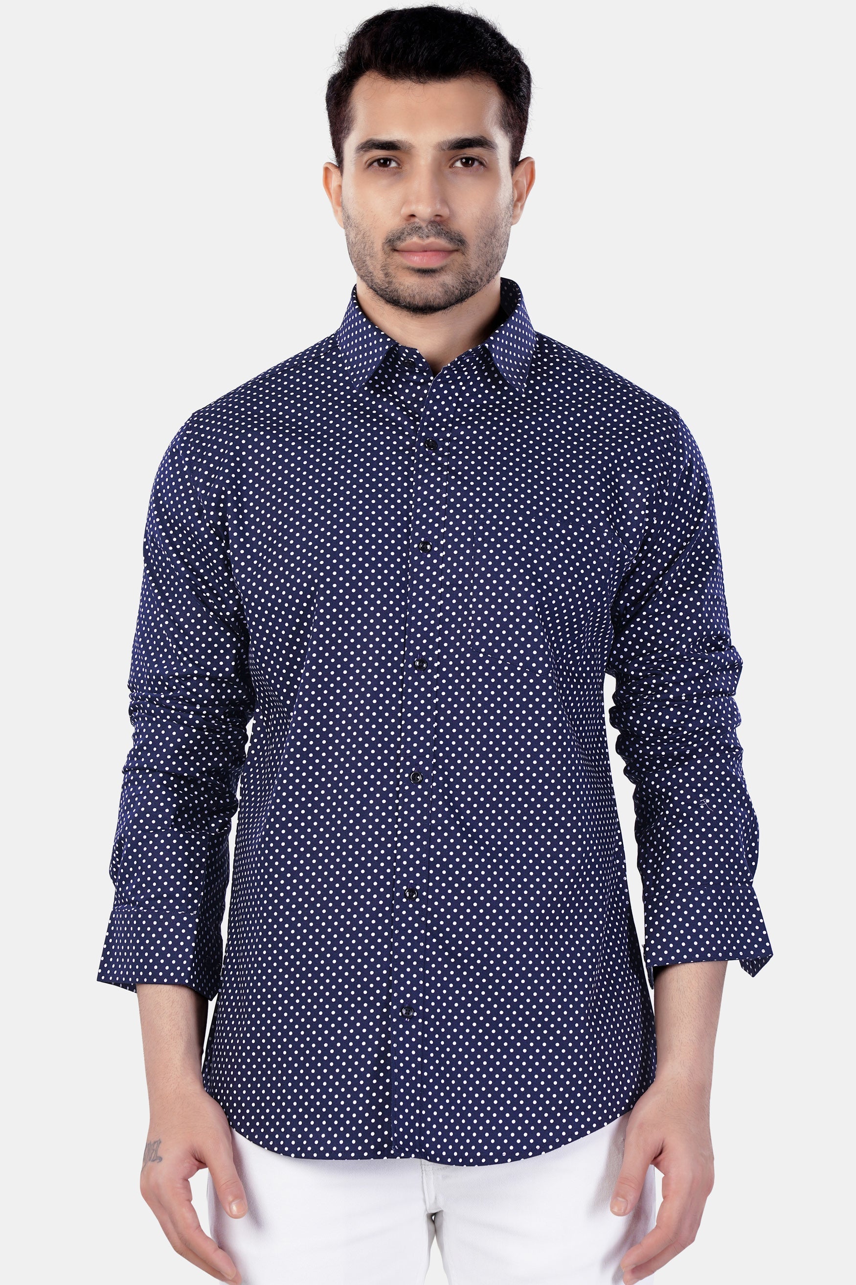 7swords-Broncos Blue and White Polka Dotted Premium Cotton Shirt