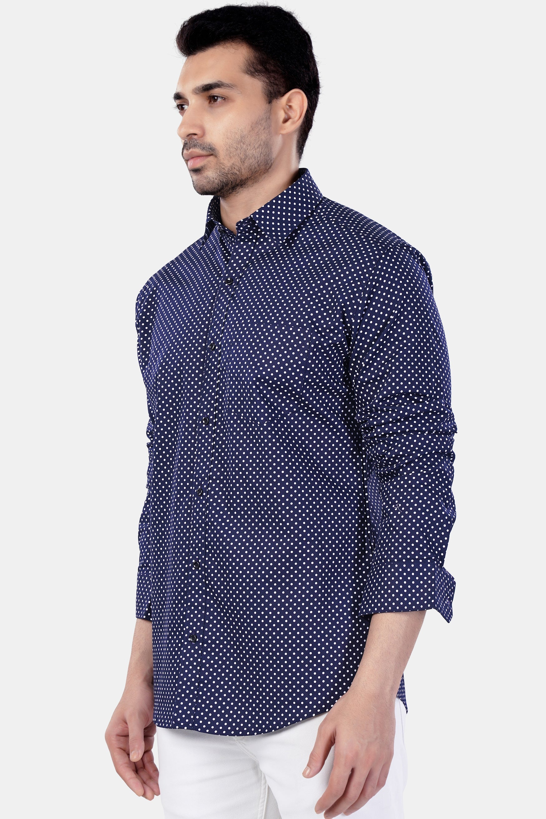 7swords-Broncos Blue and White Polka Dotted Premium Cotton Shirt