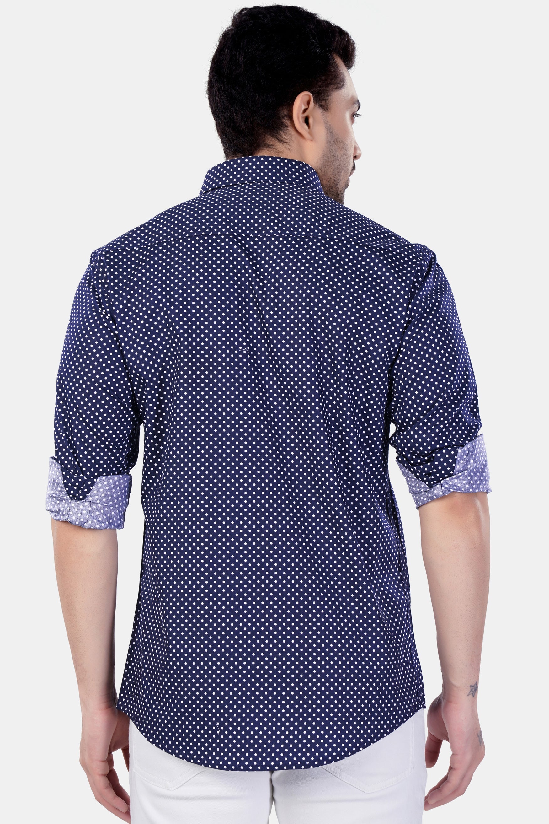 7swords-Broncos Blue and White Polka Dotted Premium Cotton Shirt