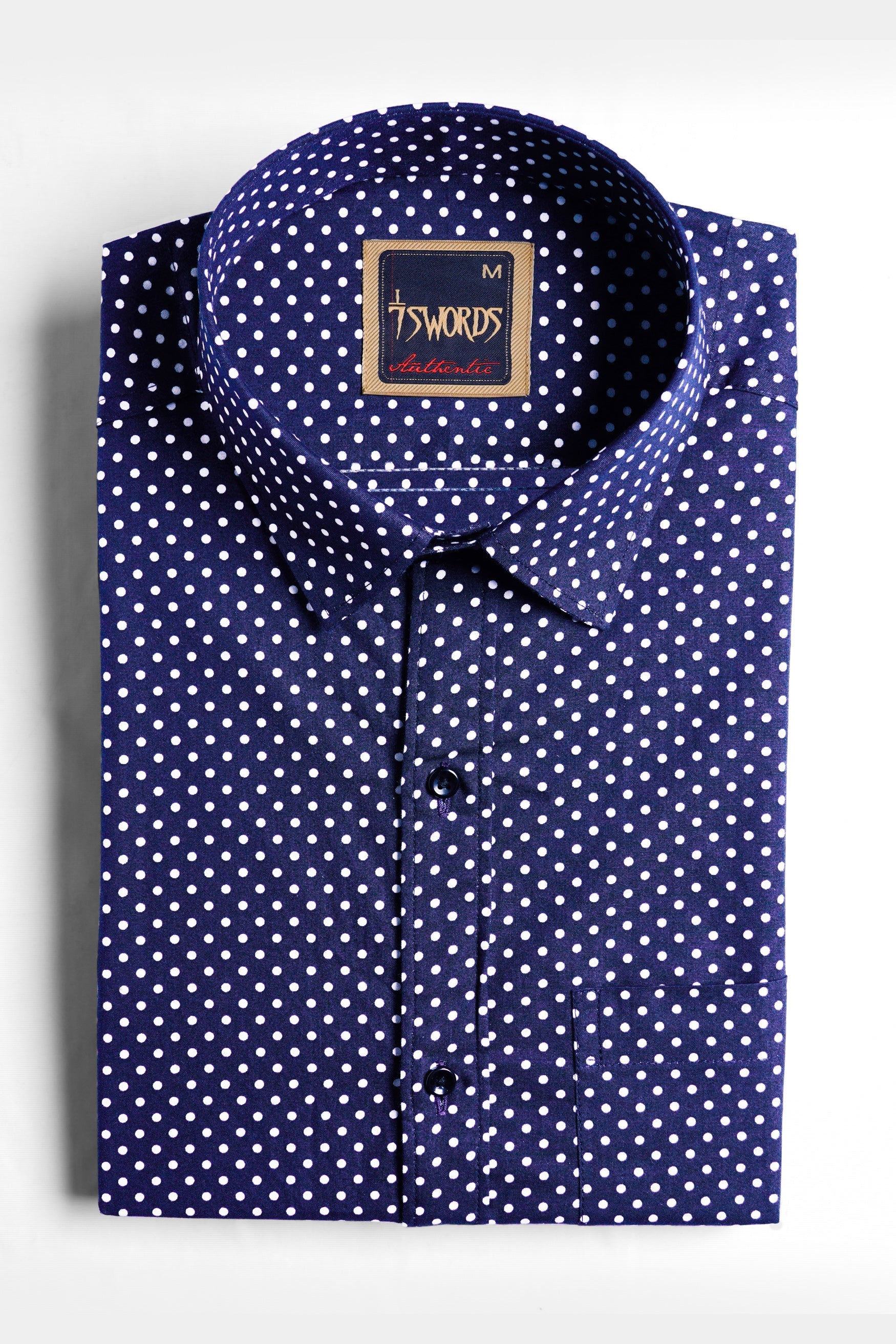 7swords-Broncos Blue and White Polka Dotted Premium Cotton Shirt