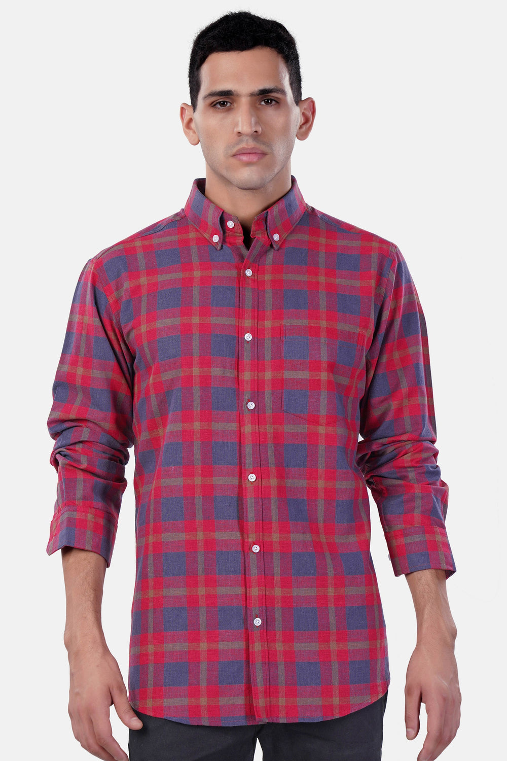 Olive Green-French Crown Plaid Dobby Textured Premium Giza Cotton Dress Shirt