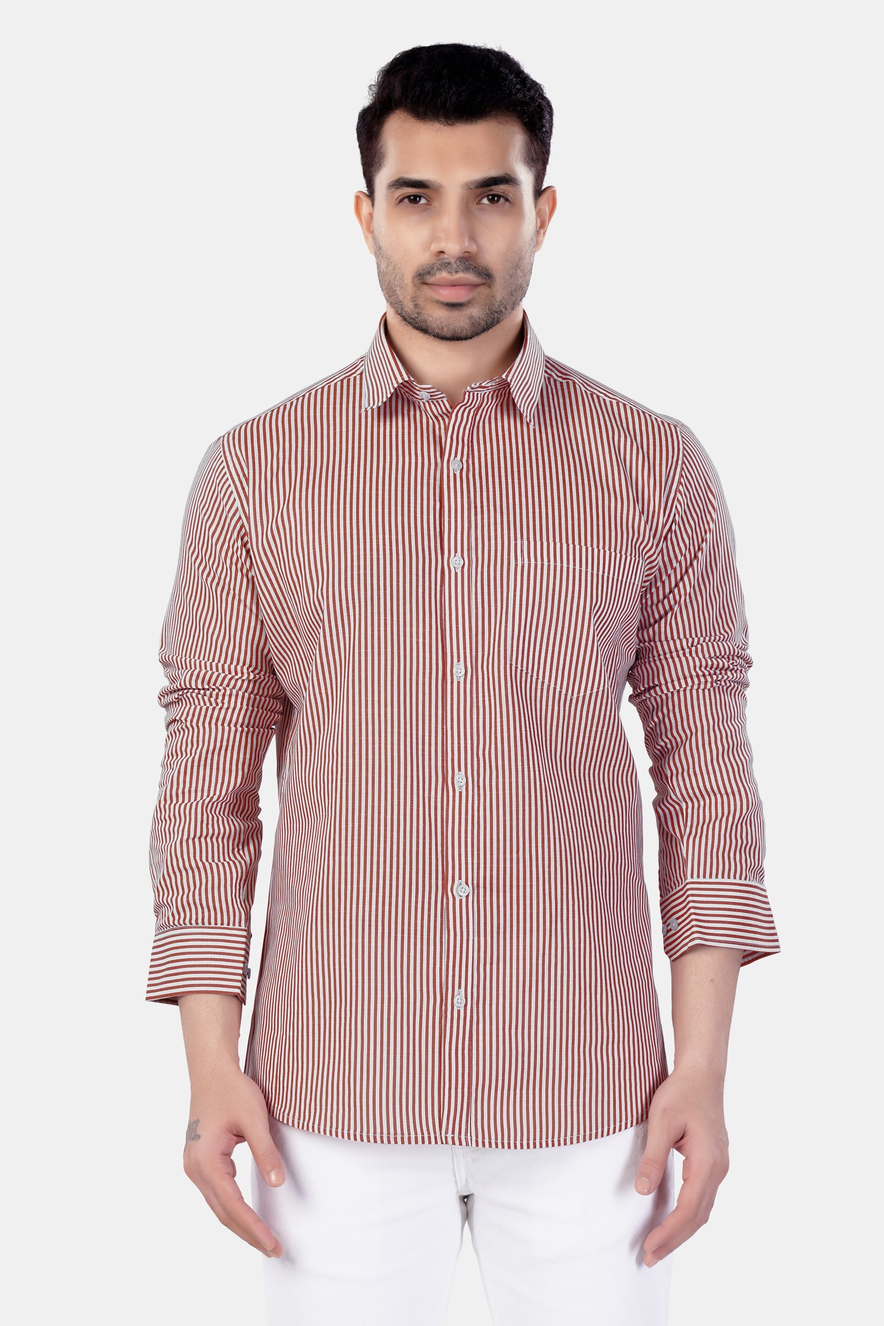 7swords-Blush Brown and Bright White Striped Premium Cotton Shirt