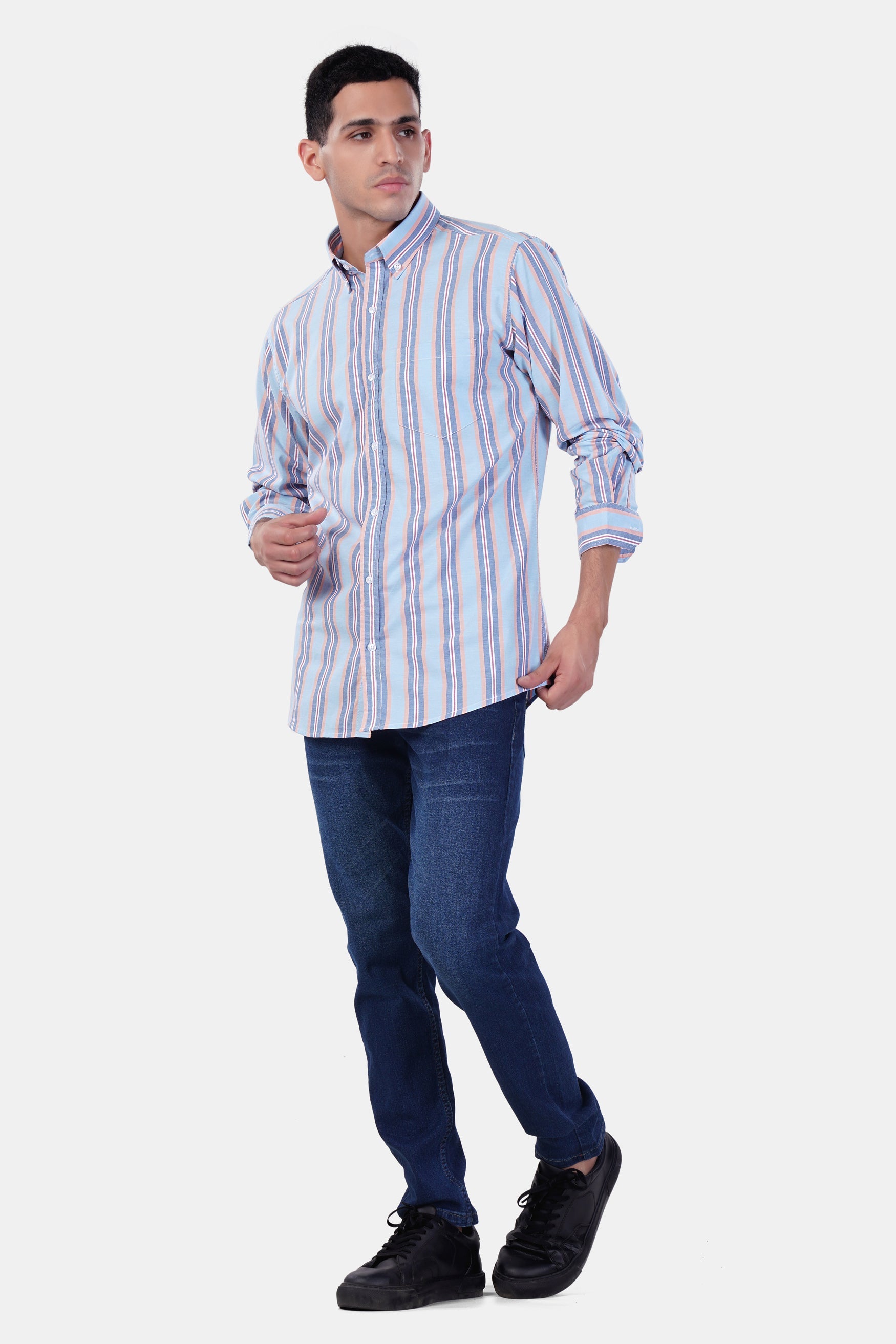 7swords-Periwinkle Blue and Tonys Brown Multicolour Striped Premium Cotton Shirt