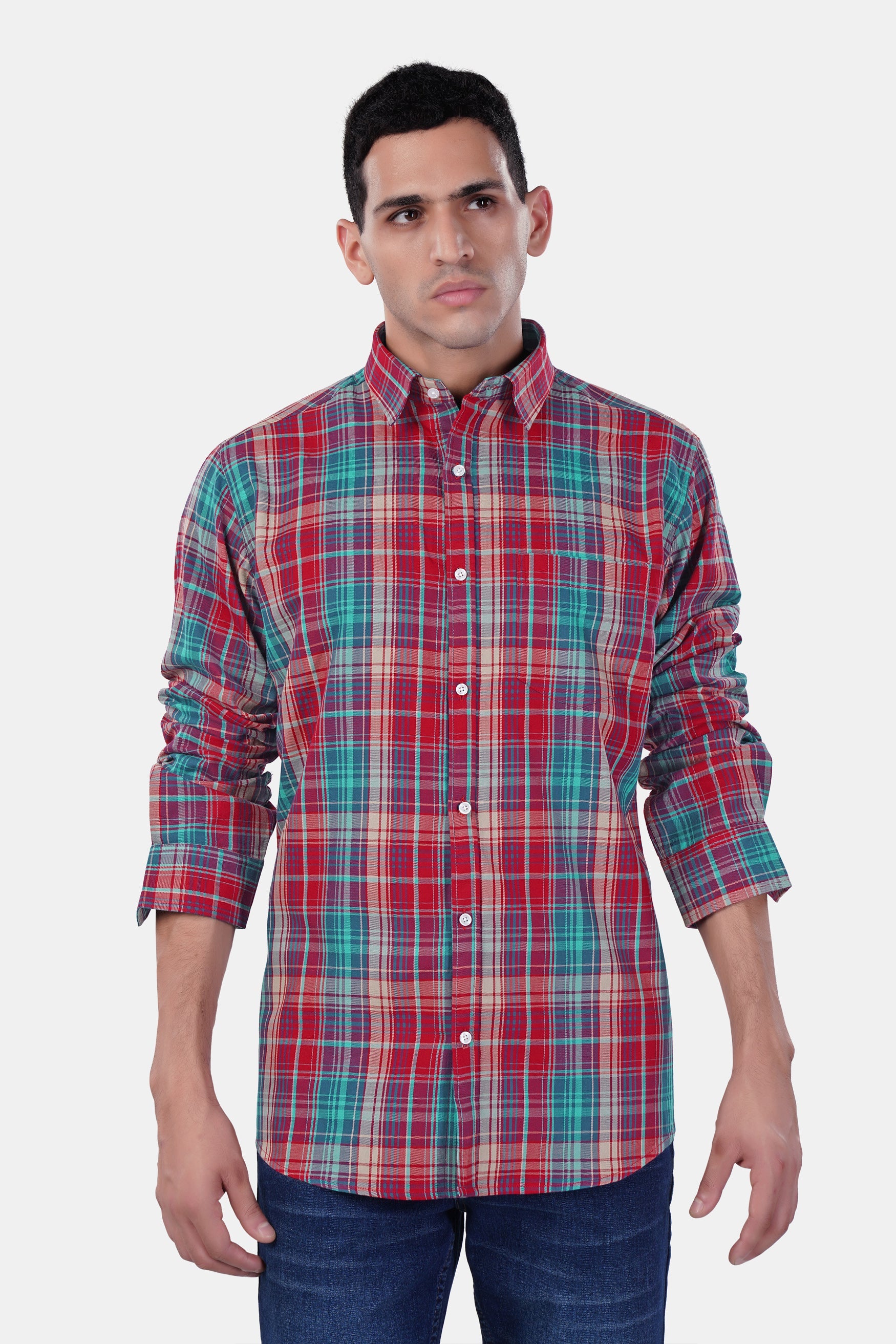 7swords-Scarlet Red and Bondi Blue Multicolor Plaid Premium Cotton Shirt