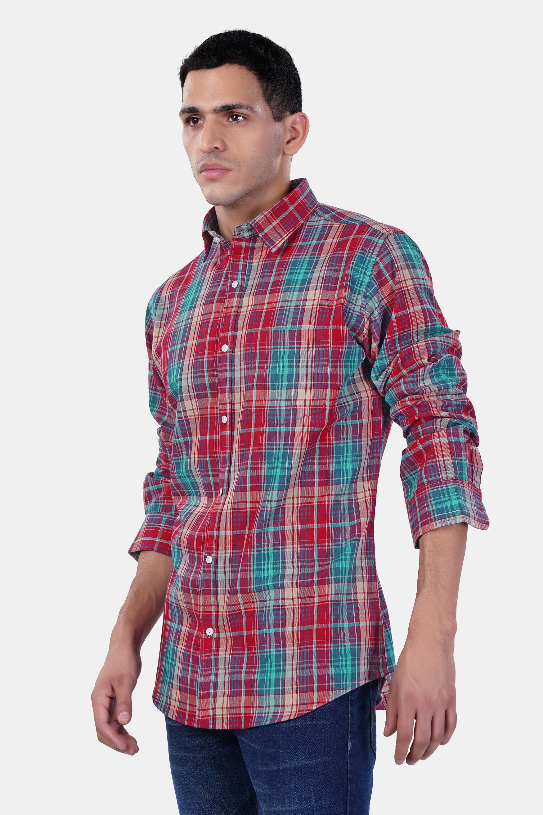 7swords-Scarlet Red and Bondi Blue Multicolor Plaid Premium Cotton Shirt