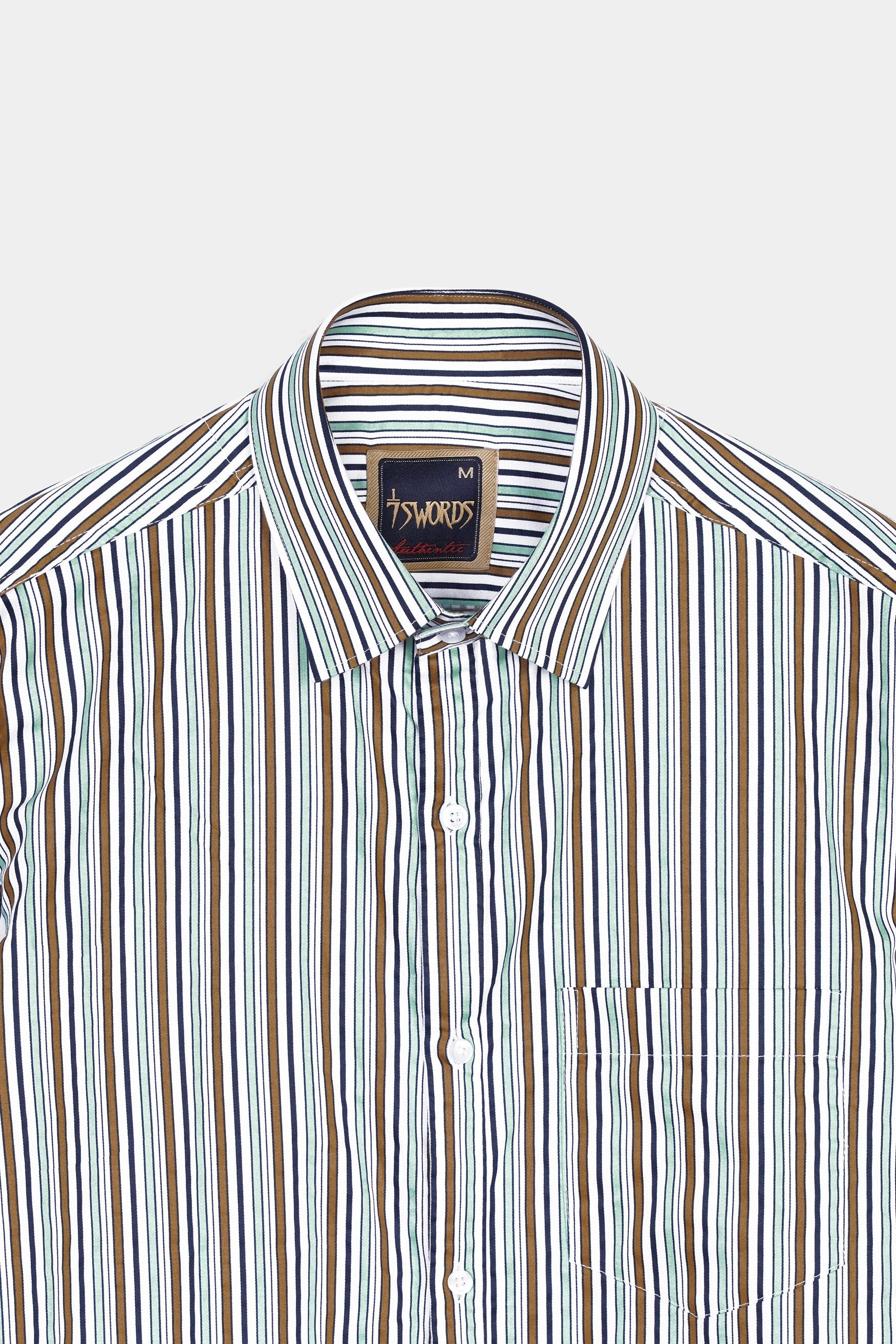 7swords-Bright White and Mocha Brown Multicolour Striped Premium Cotton Shirt