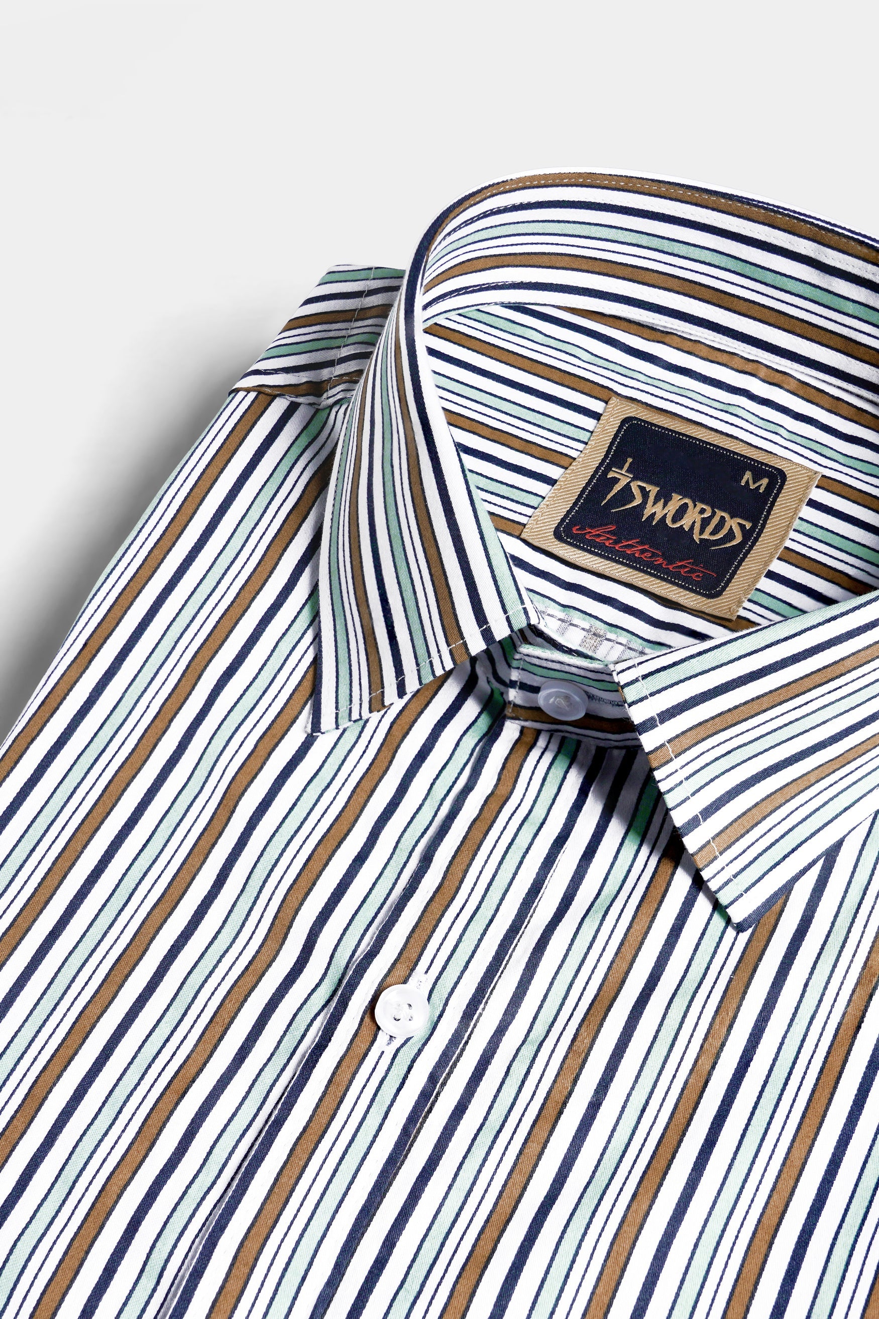 7swords-Bright White and Mocha Brown Multicolour Striped Premium Cotton Shirt