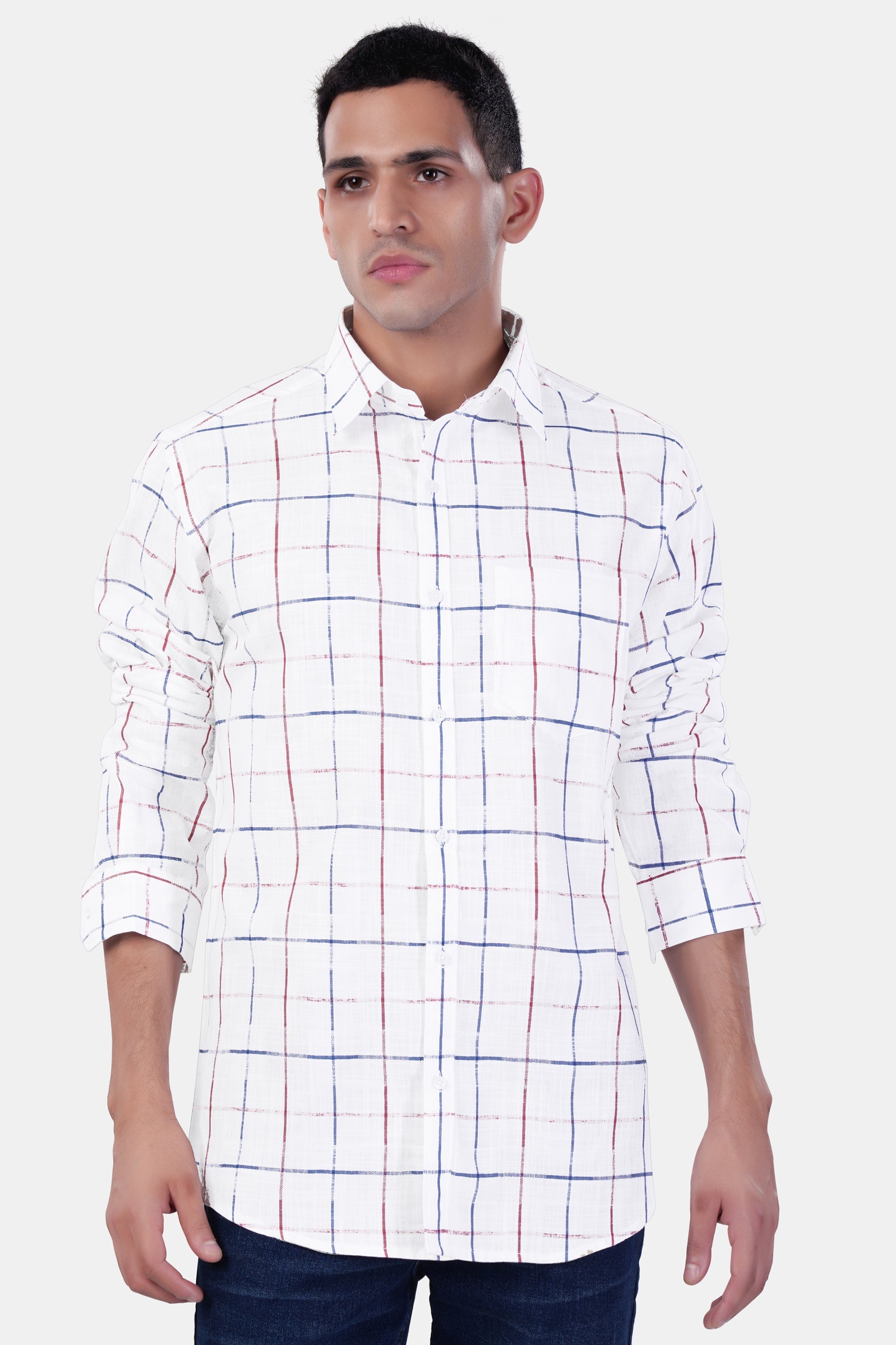 7swords-Bright White with Cabaret Pink and Dusky Blue Windowpane Premium Cotton Shirt