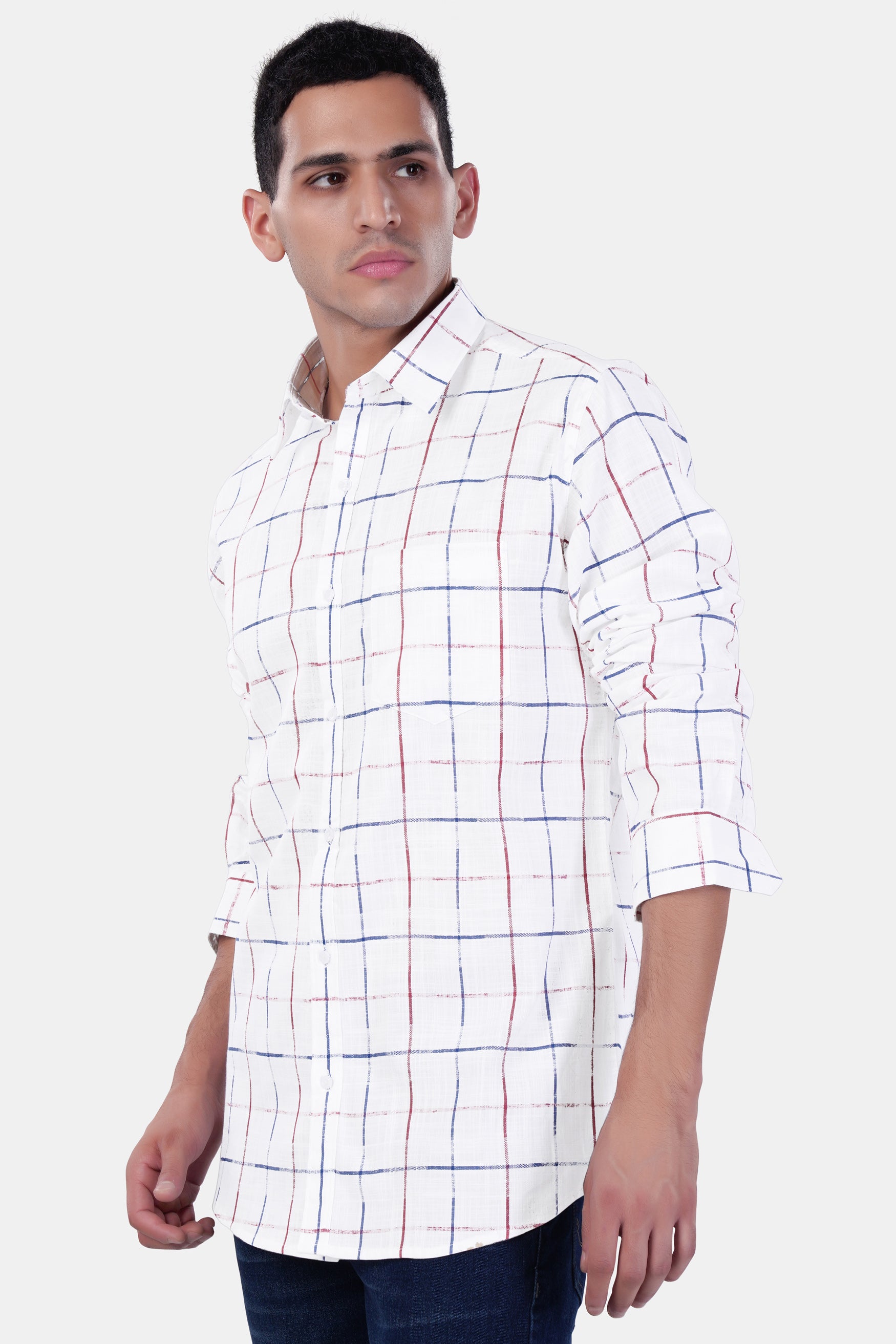 7swords-Bright White with Cabaret Pink and Dusky Blue Windowpane Premium Cotton Shirt