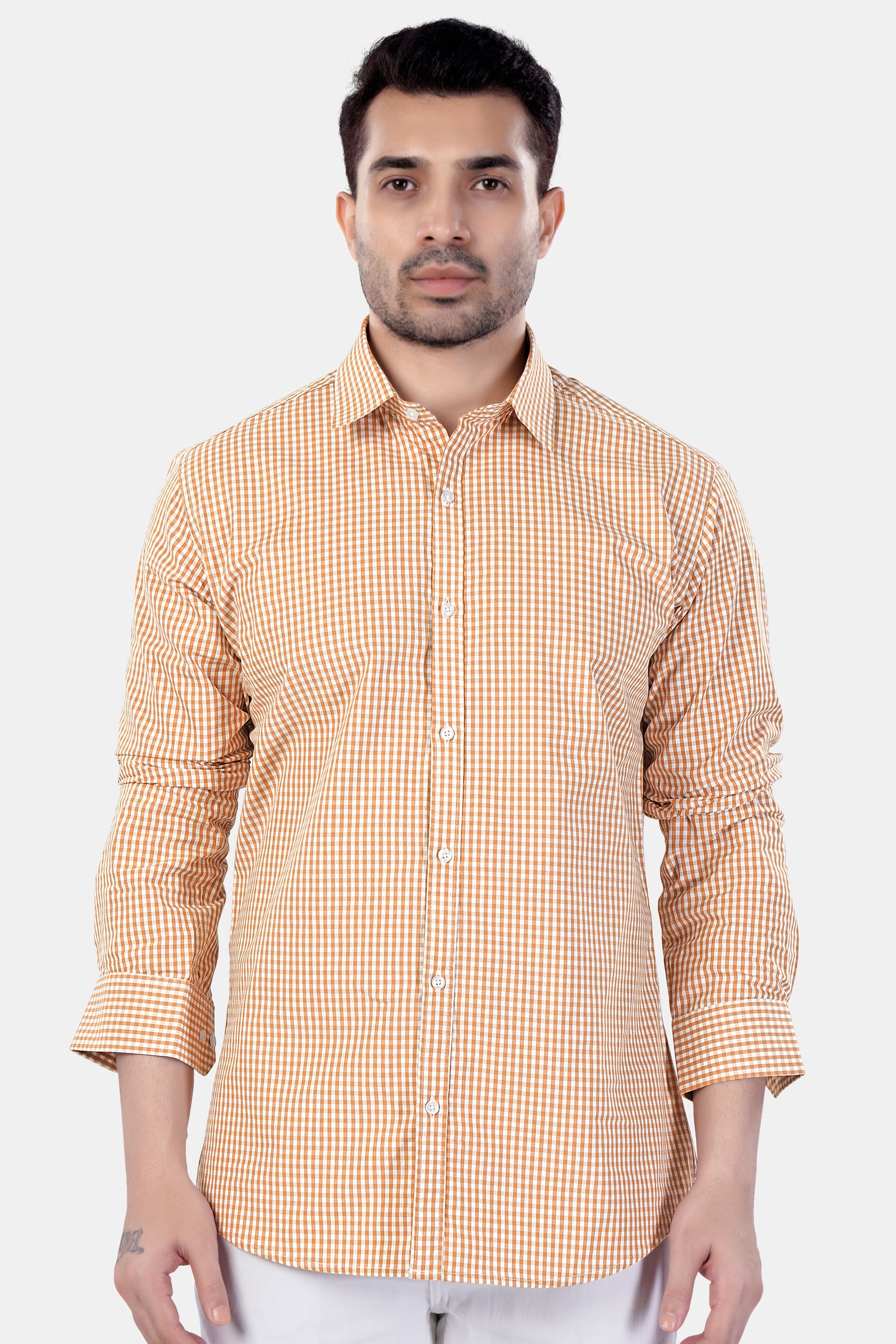 7swords-Jasper Orange and White Gingham Checkered Premium Cotton Shirt