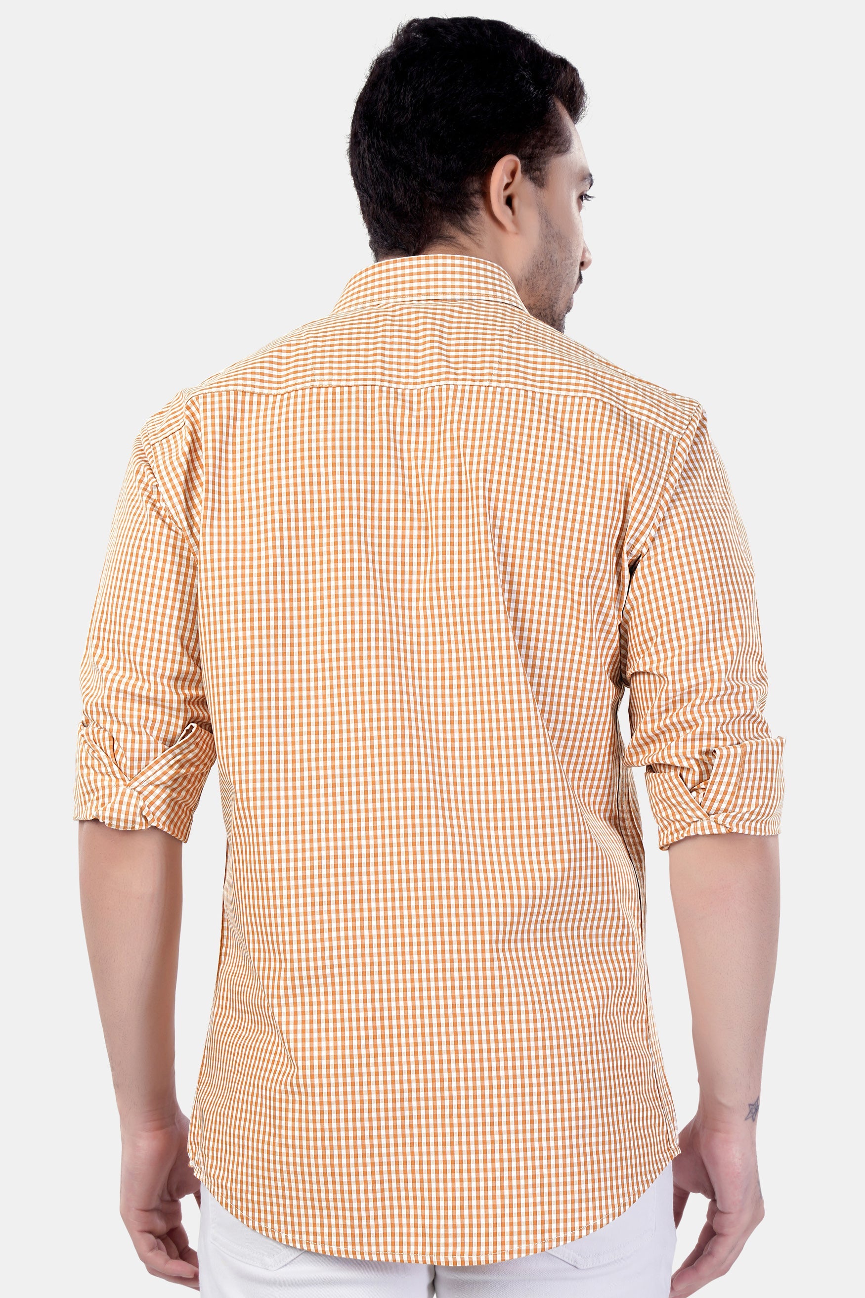 7swords-Jasper Orange and White Gingham Checkered Premium Cotton Shirt