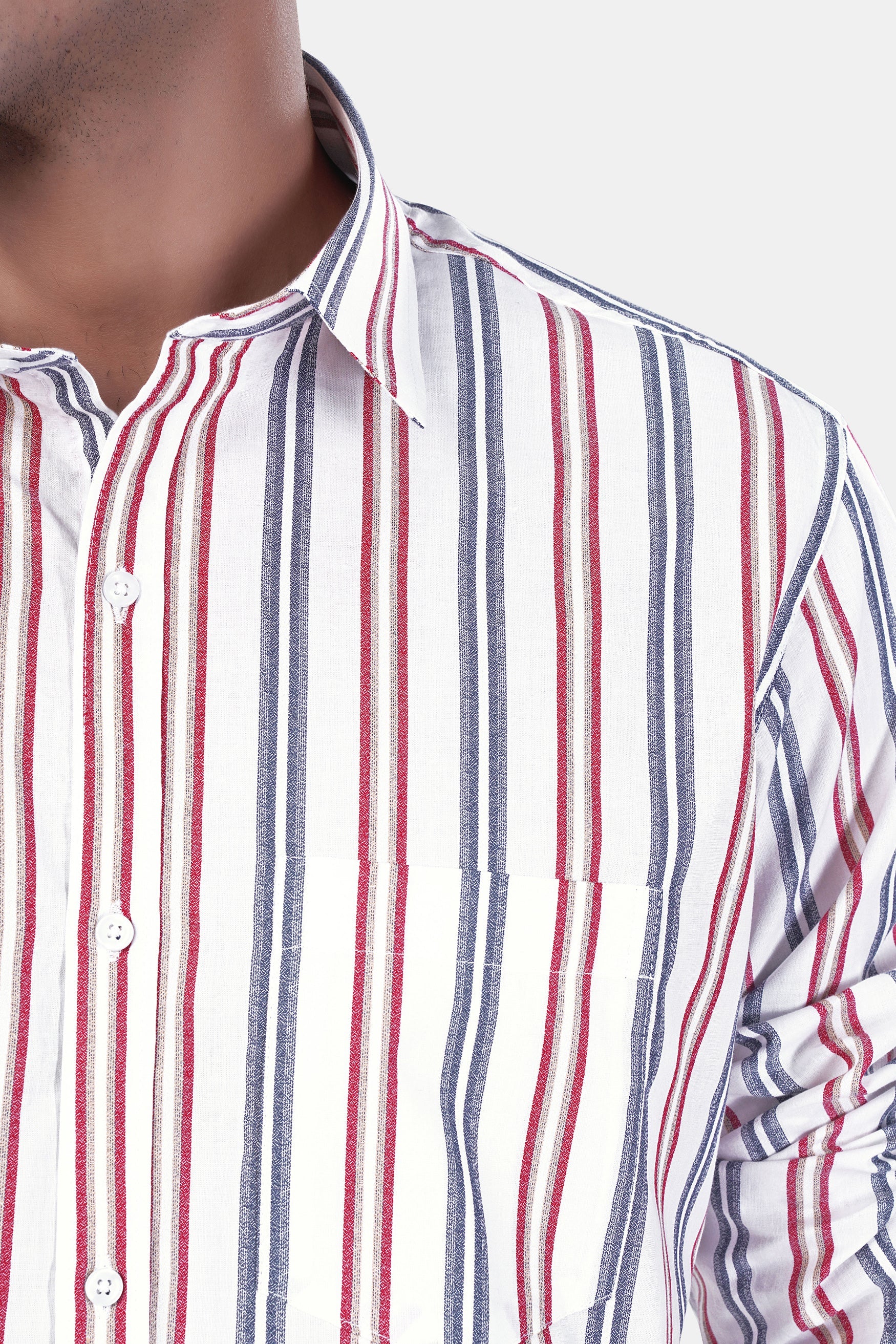 7swords-Bright White and Maple Red Multicolour Striped Premium Cotton Shirt