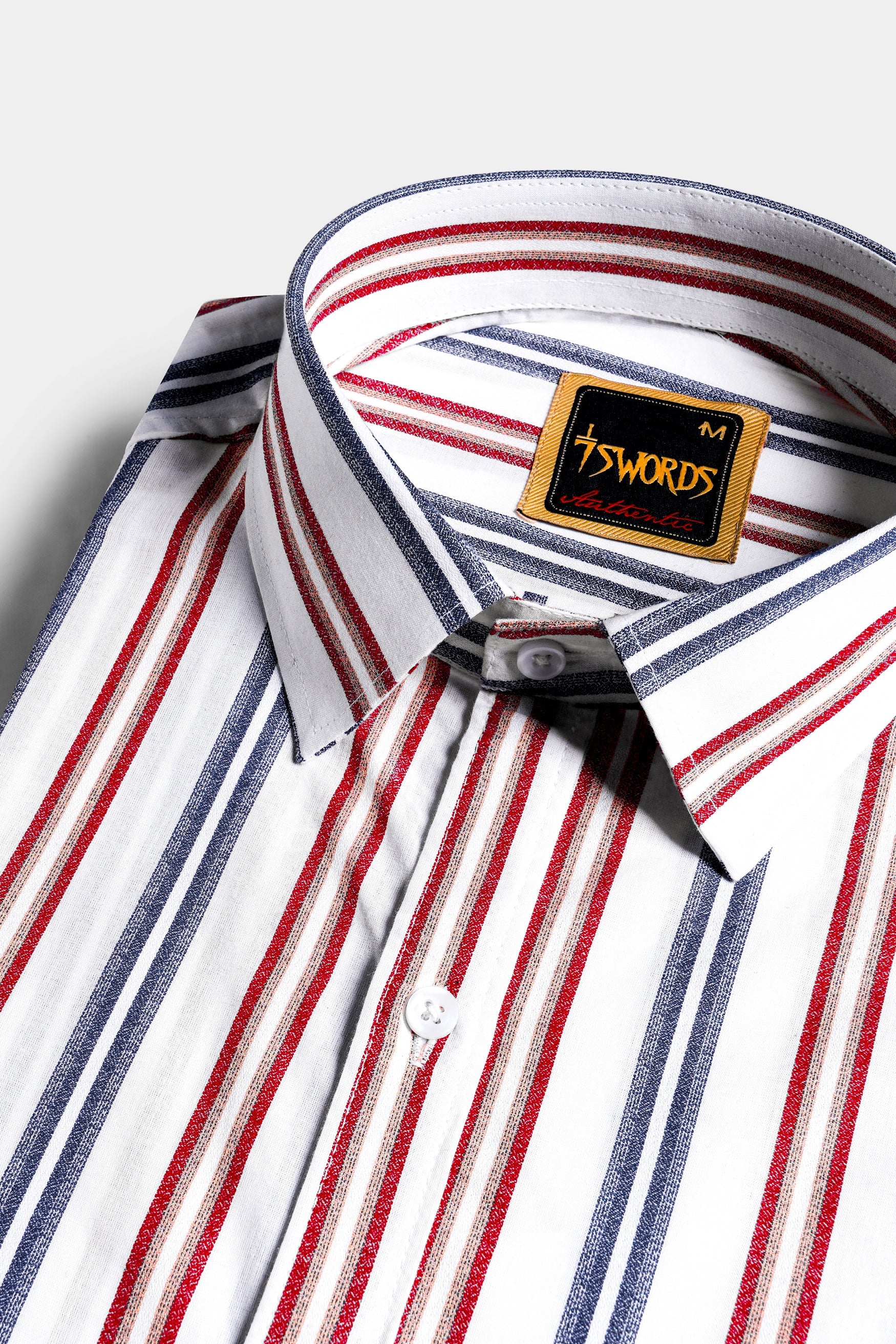 7swords-Bright White and Maple Red Multicolour Striped Premium Cotton Shirt