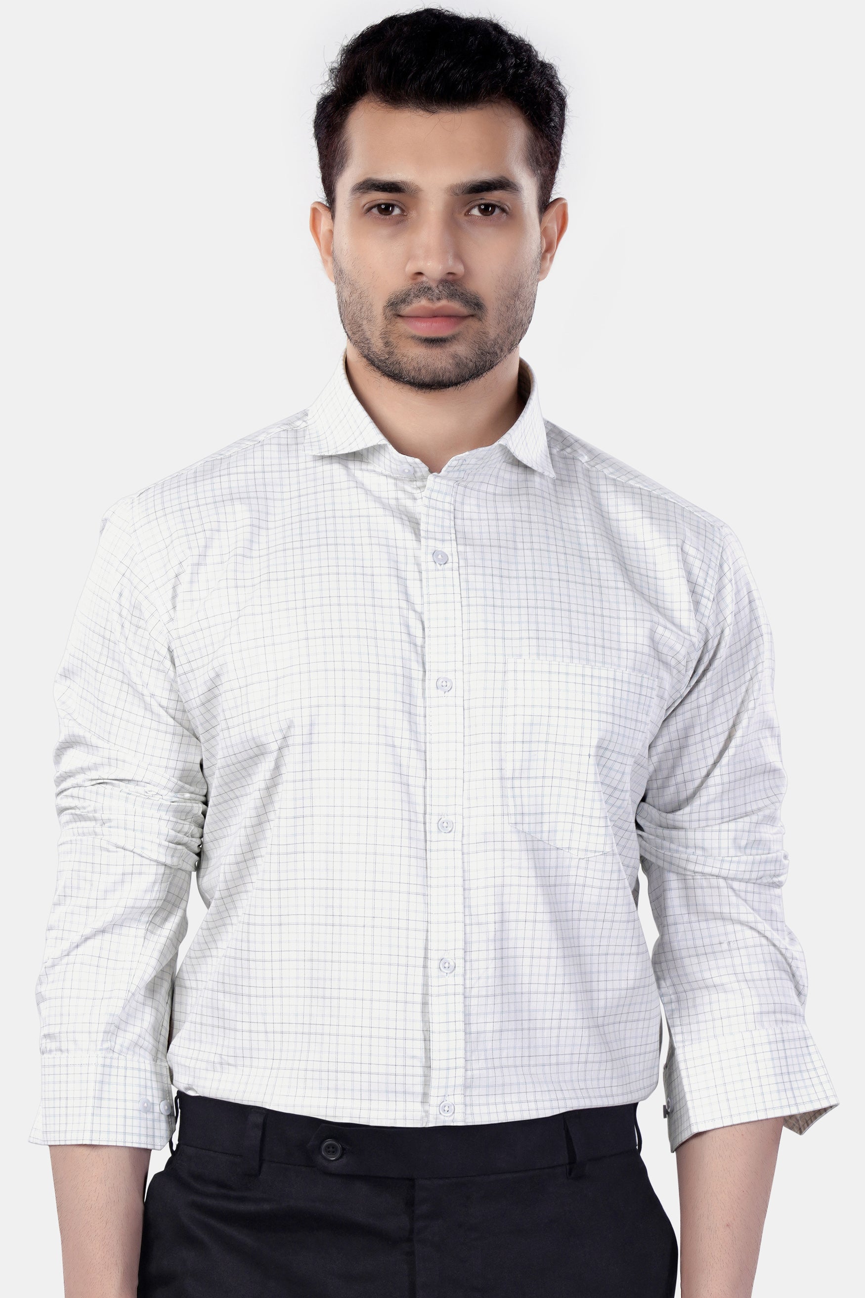 7swords-Bright White and Hit Gray Checkered Premium Cotton Shirt