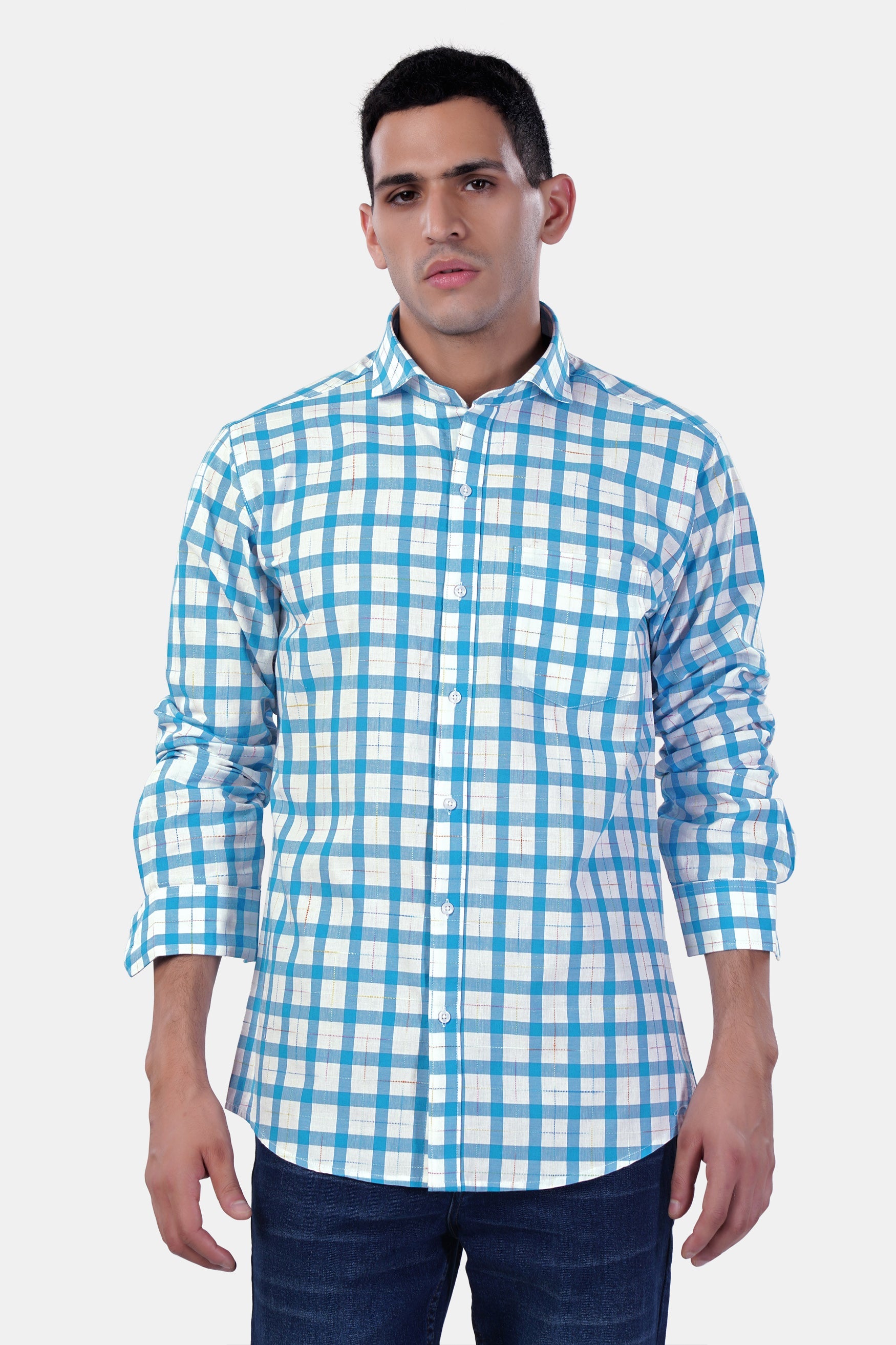 7swords-Picton Blue and White Plaid Premium Cotton Shirt