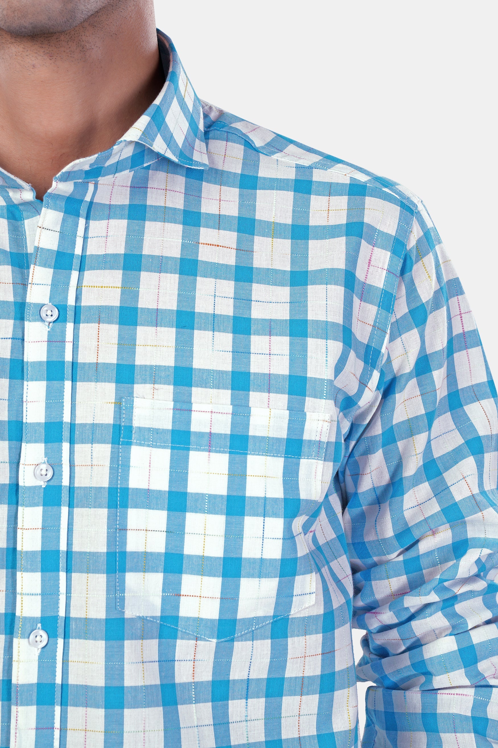 7swords-Picton Blue and White Plaid Premium Cotton Shirt