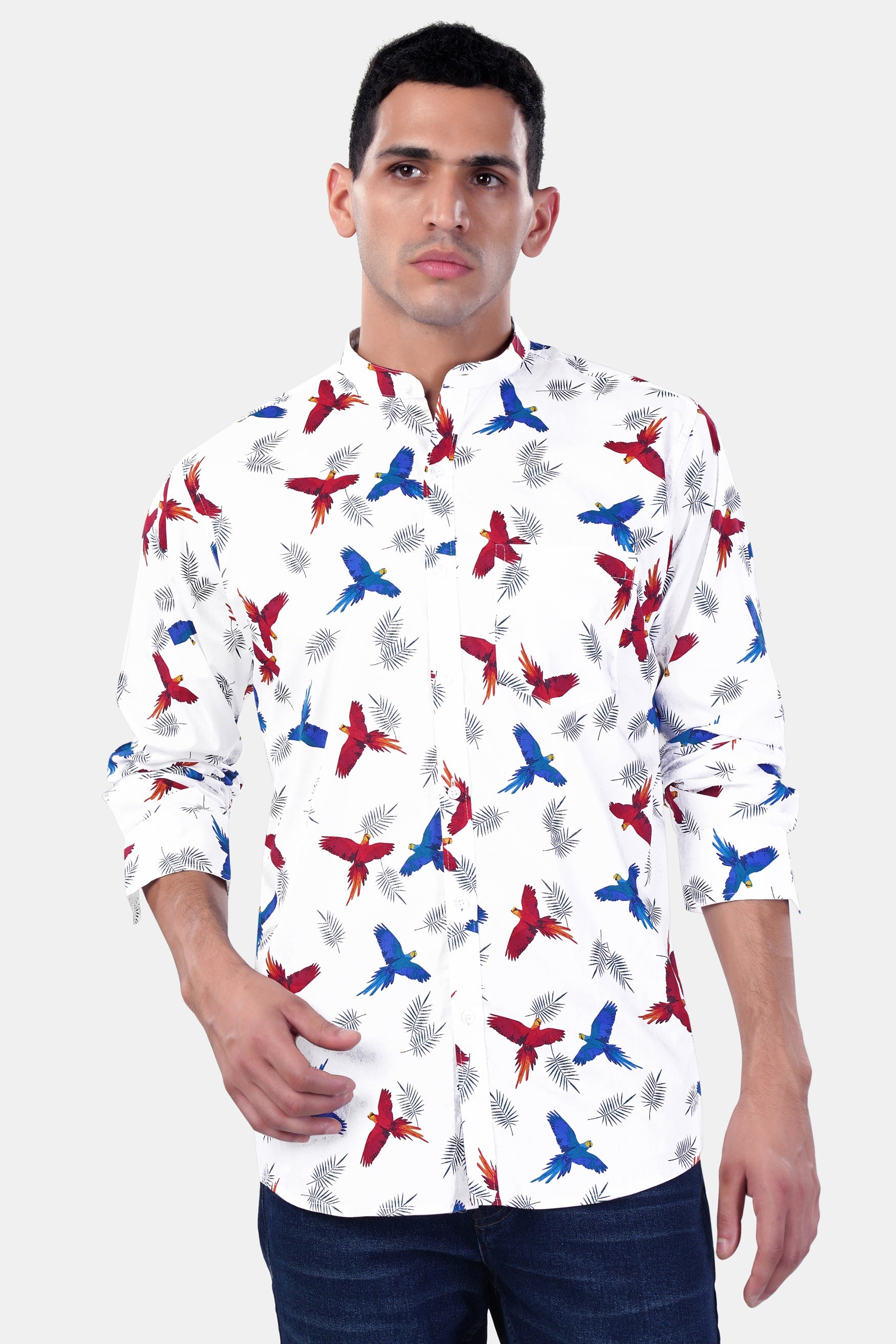 7swords-Bright White with Carmine Red and Cobalt Blue Birds Printed Premium Cotton Shirt