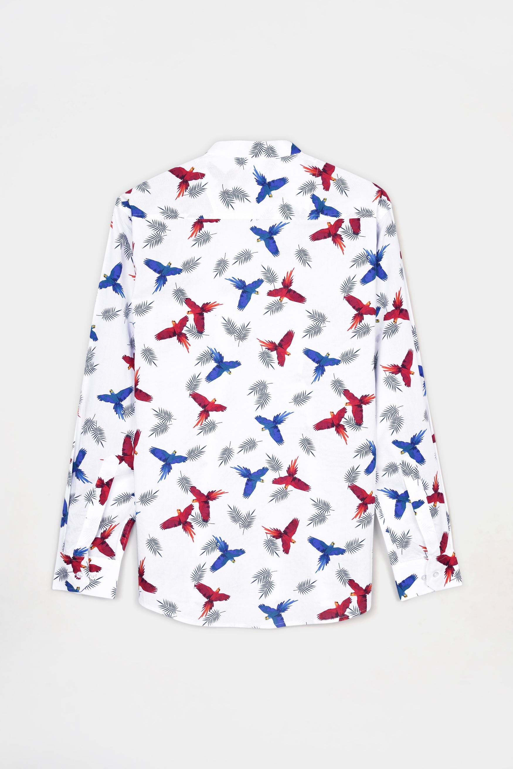 7swords-Bright White with Carmine Red and Cobalt Blue Birds Printed Premium Cotton Shirt