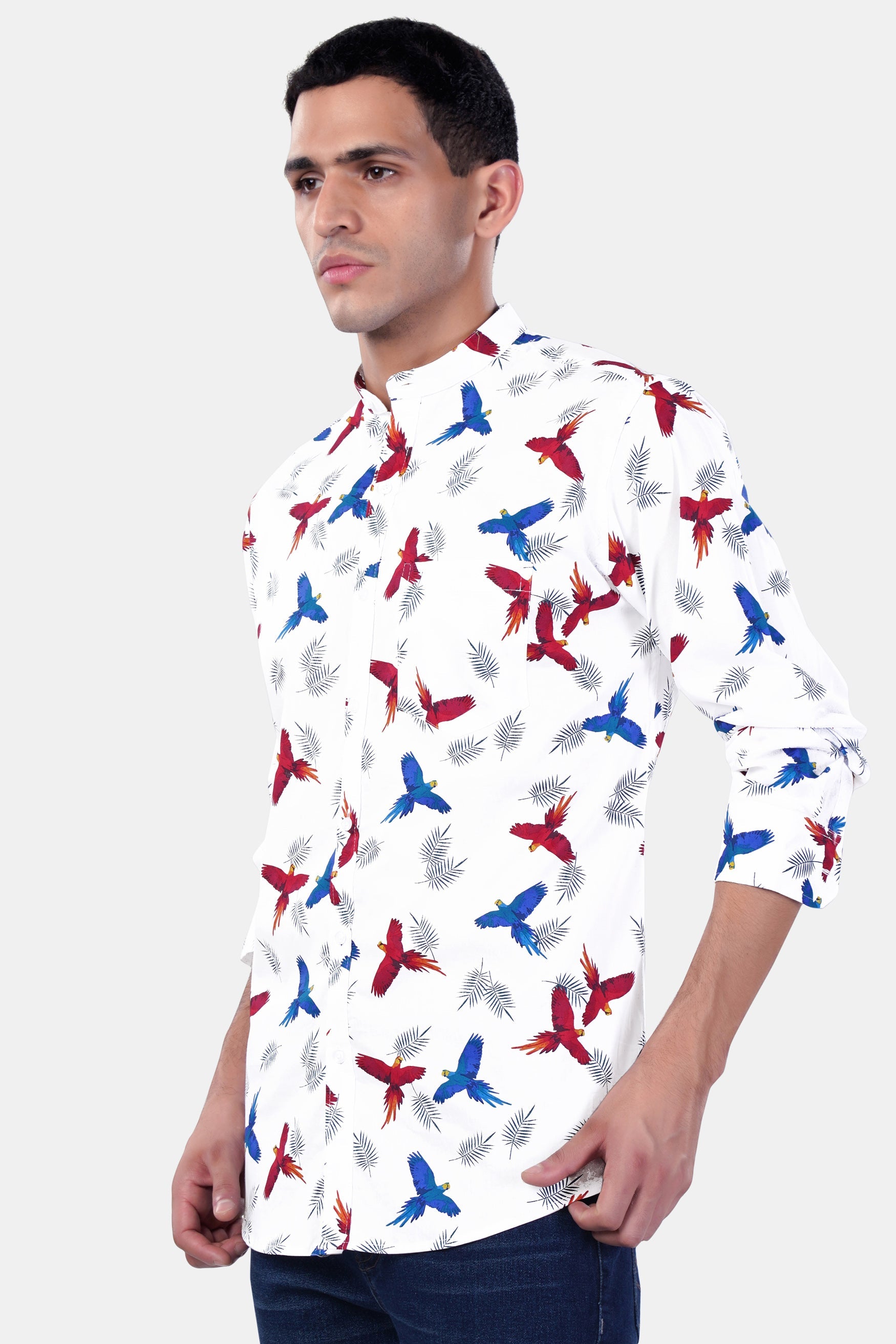 7swords-Bright White with Carmine Red and Cobalt Blue Birds Printed Premium Cotton Shirt