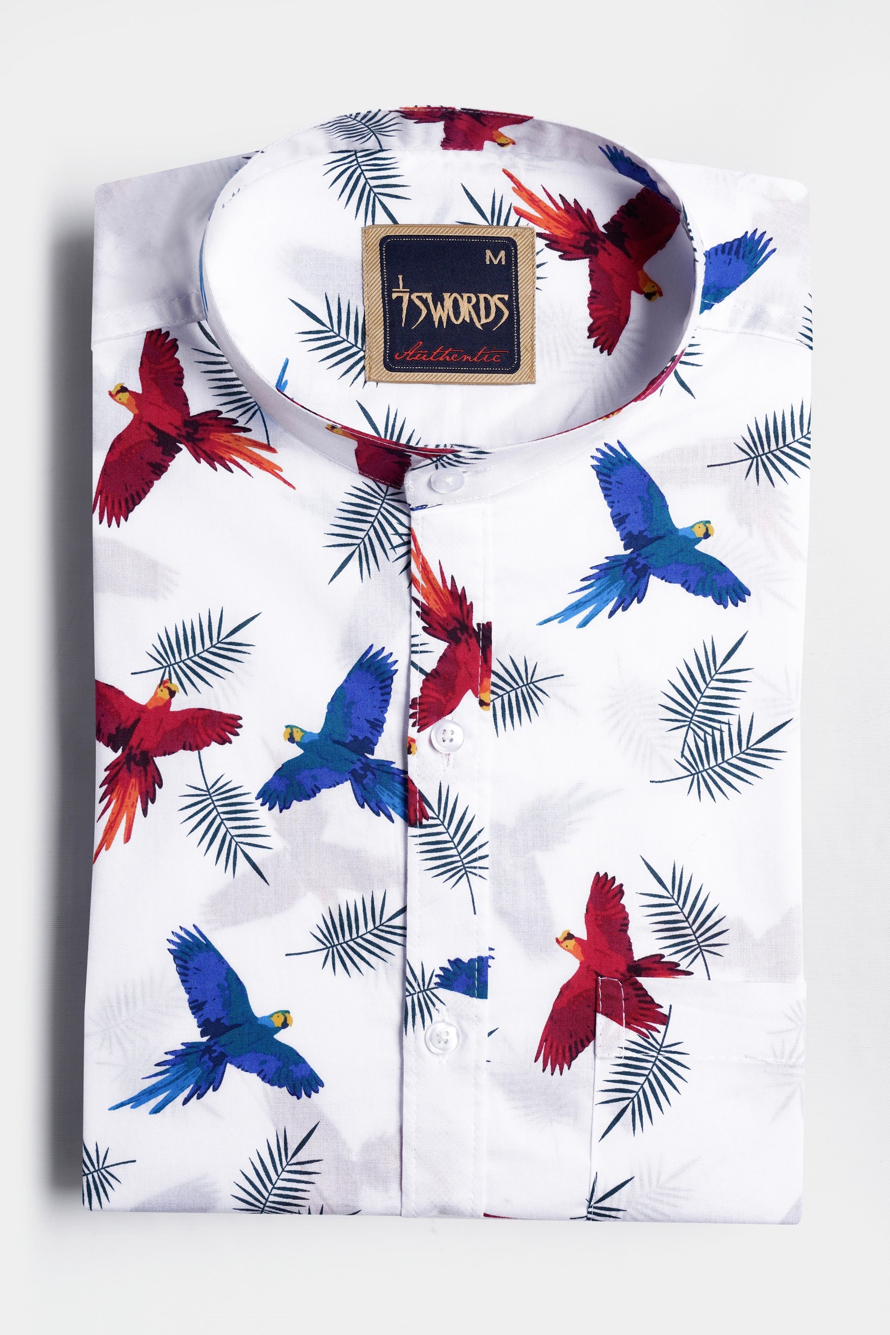 7swords-Bright White with Carmine Red and Cobalt Blue Birds Printed Premium Cotton Shirt