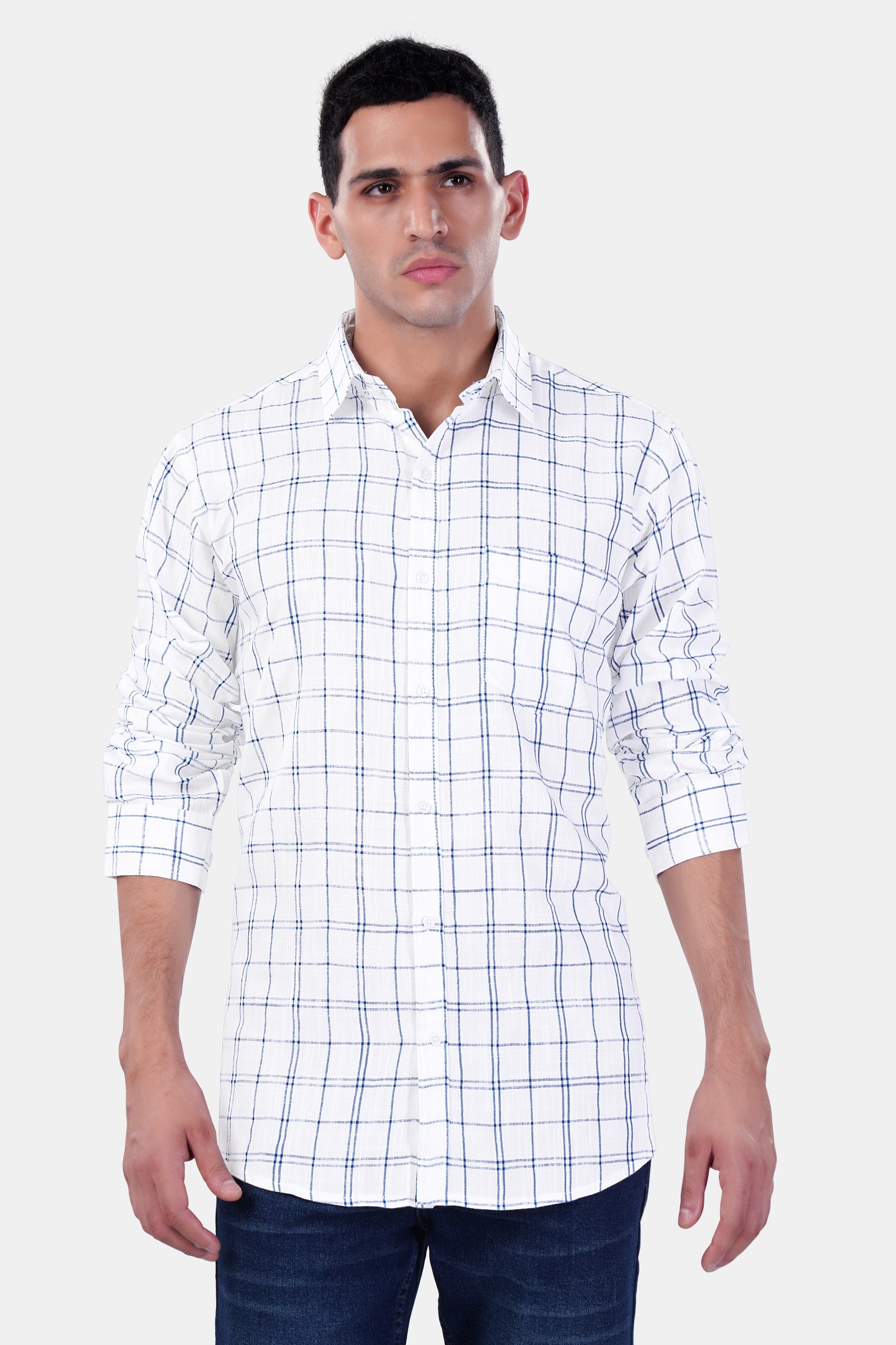 7swords-Bright White and Azure Blue Plaid Premium Cotton Shirt