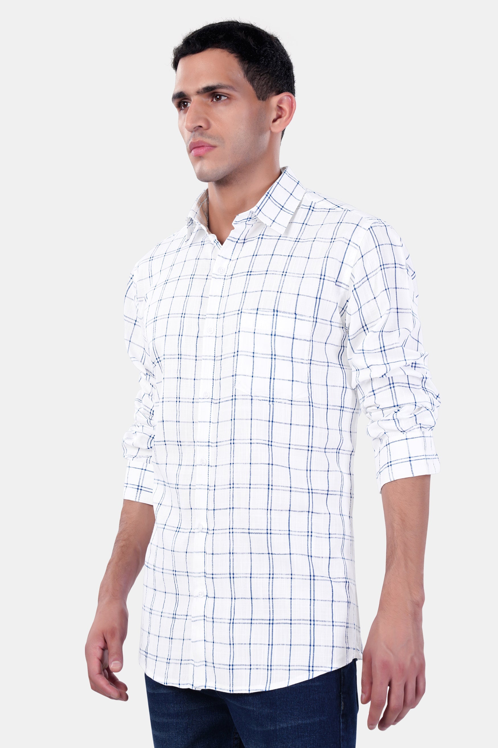 7swords-Bright White and Azure Blue Plaid Premium Cotton Shirt