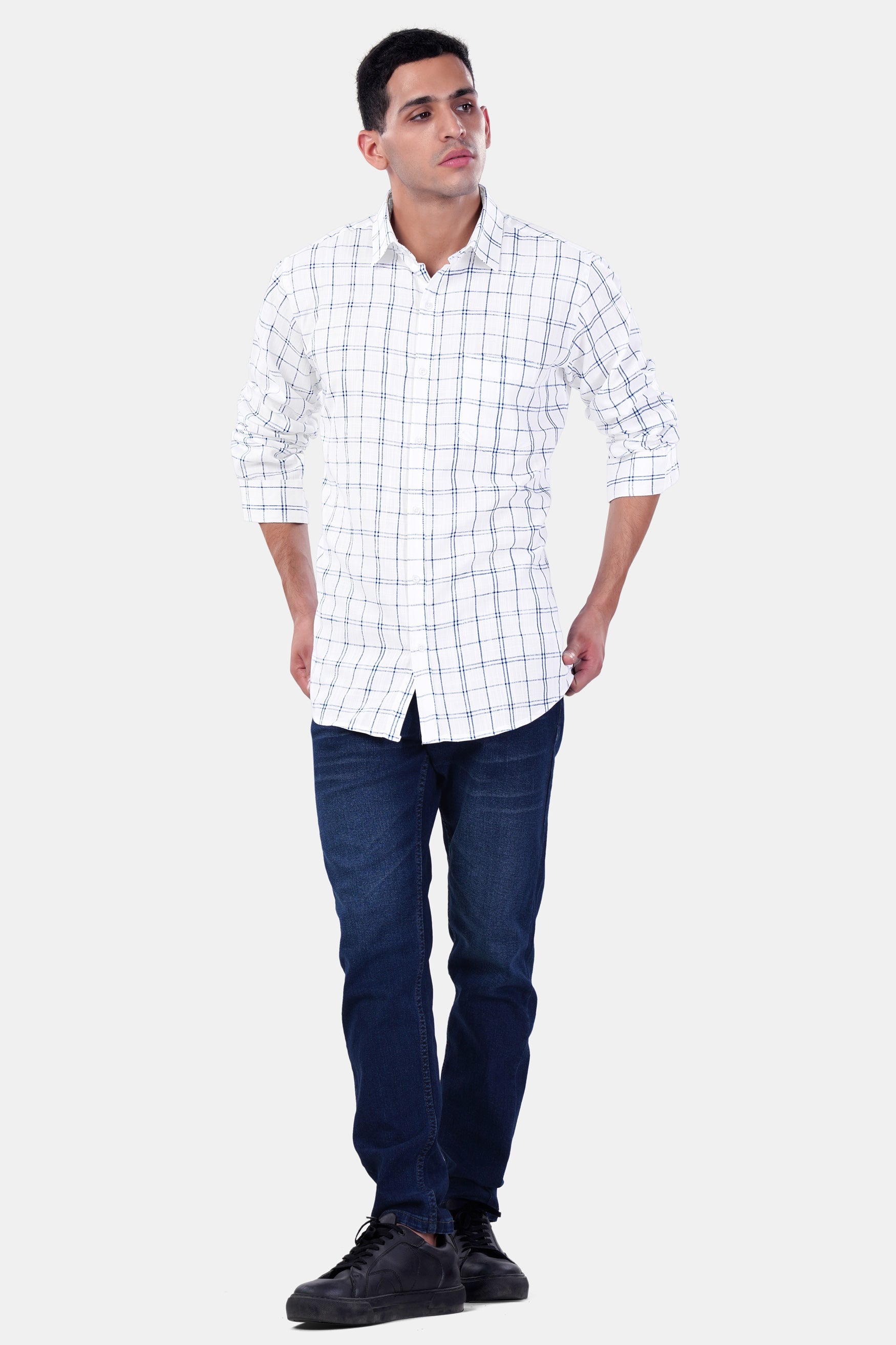 7swords-Bright White and Azure Blue Plaid Premium Cotton Shirt