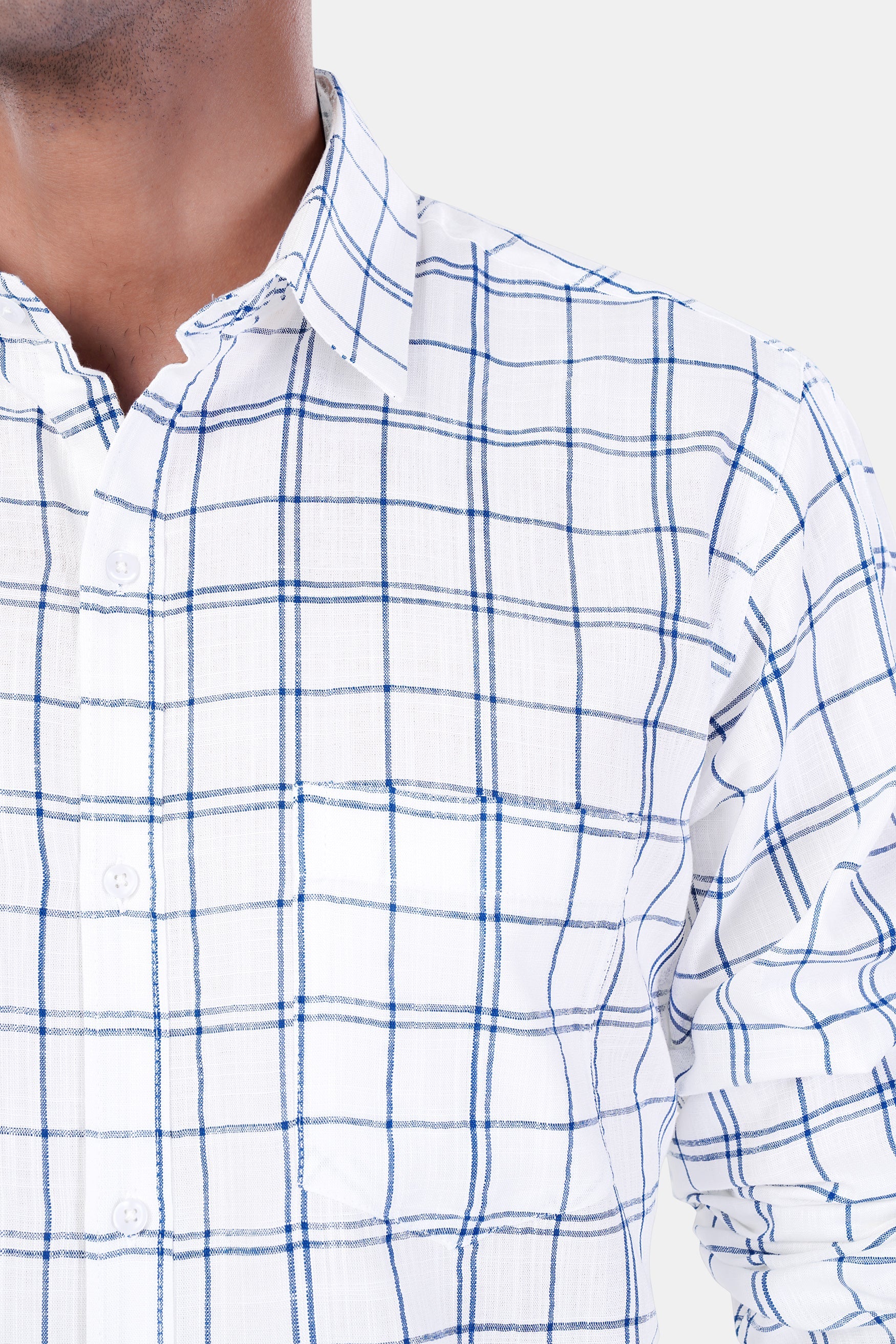 7swords-Bright White and Azure Blue Plaid Premium Cotton Shirt