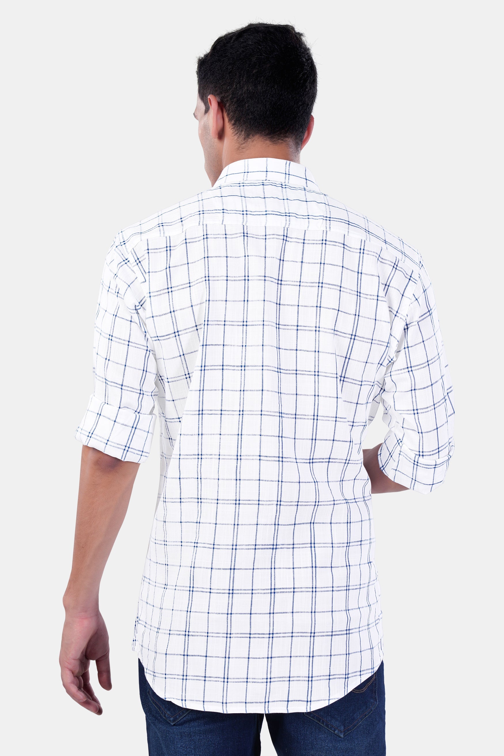 7swords-Bright White and Azure Blue Plaid Premium Cotton Shirt