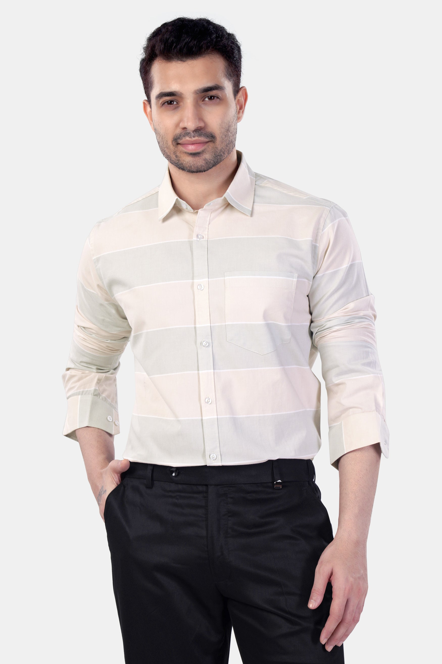 7swords-Amour Beige and Oyster Brown Striped Premium Cotton Shirt