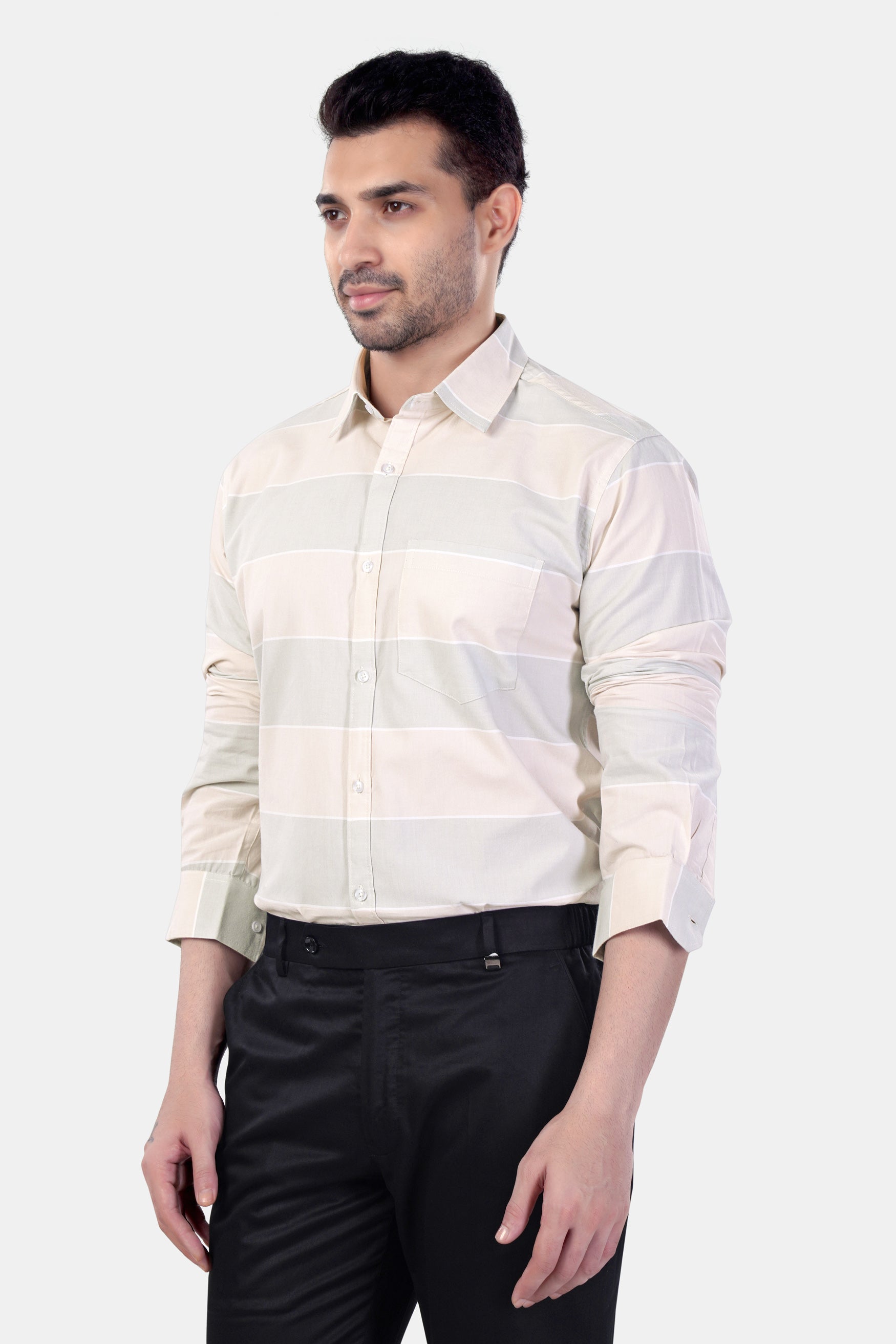 7swords-Amour Beige and Oyster Brown Striped Premium Cotton Shirt