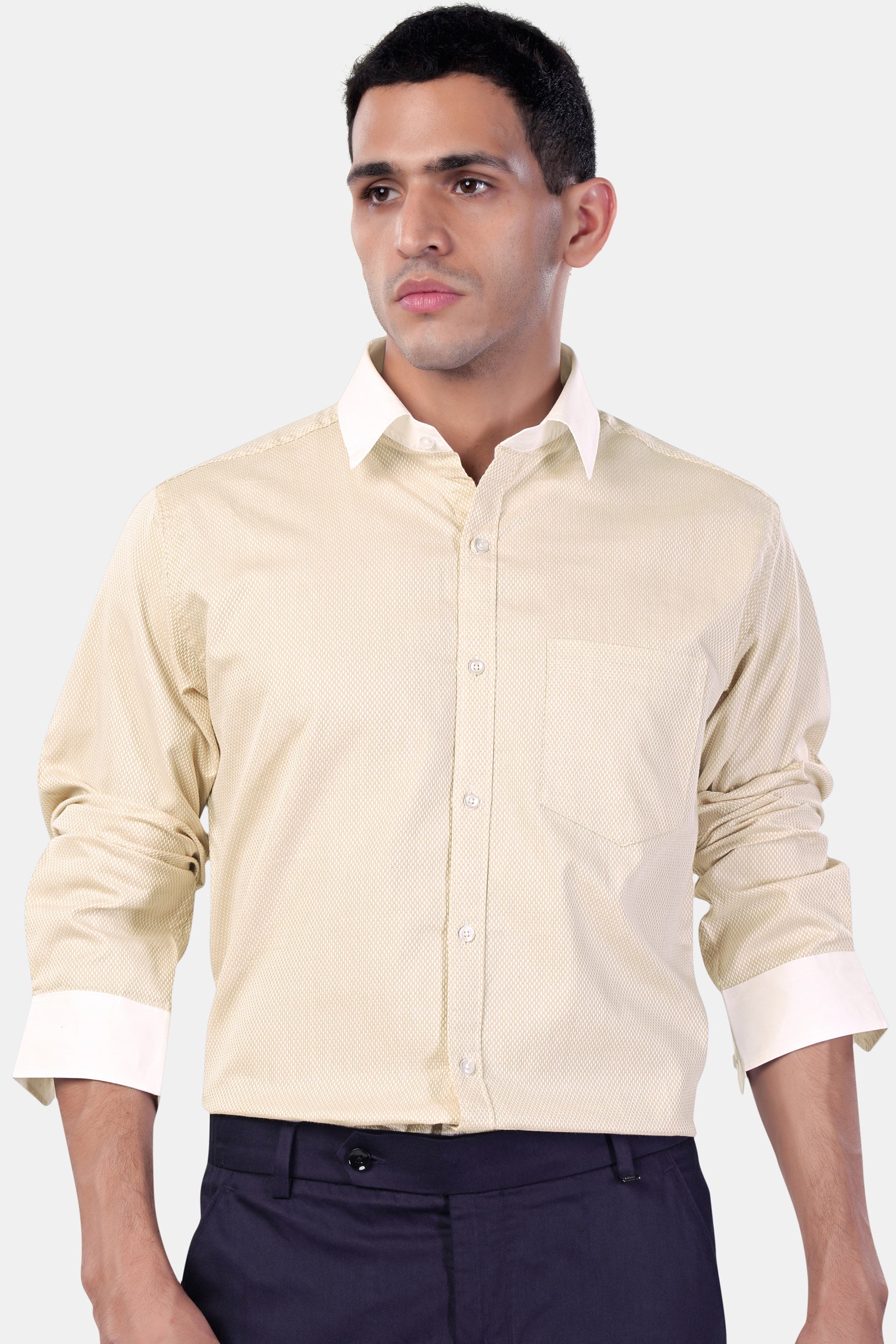 7swords-Desert Beige Premium Cotton Shirt with White Cuffs and Collar