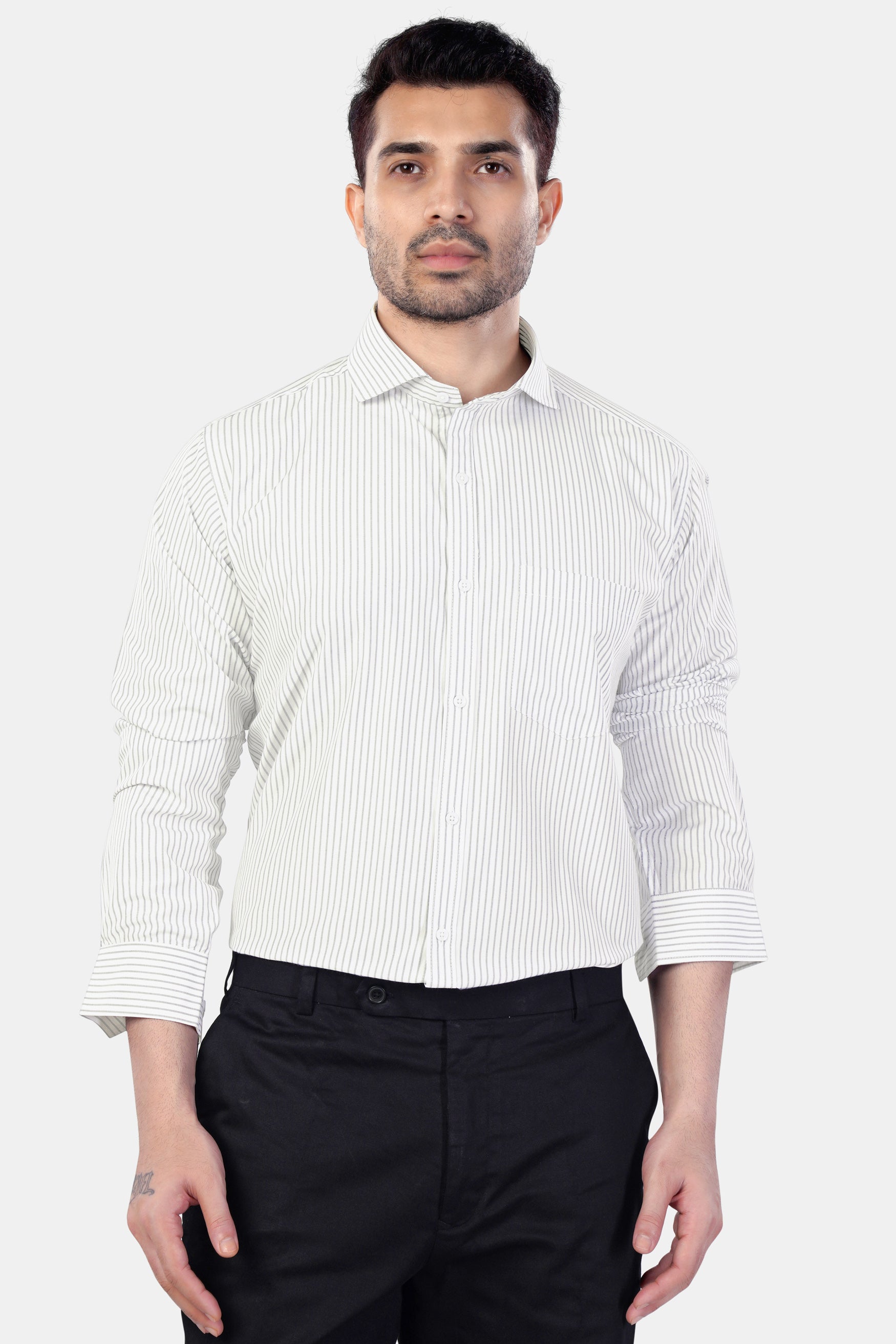 7swords-Bright White and Nobel Gray Striped Premium Cotton Shirt