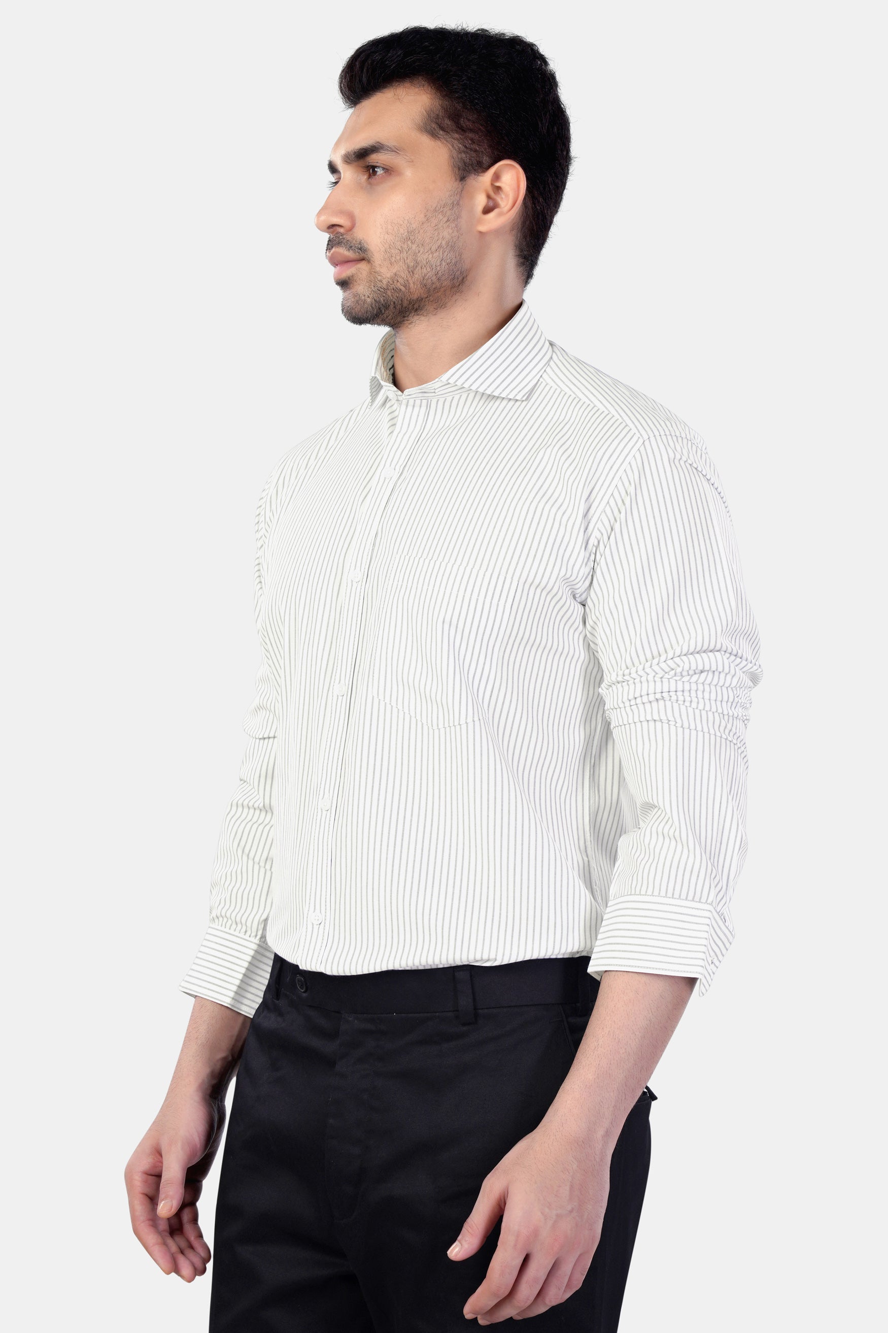 7swords-Bright White and Nobel Gray Striped Premium Cotton Shirt