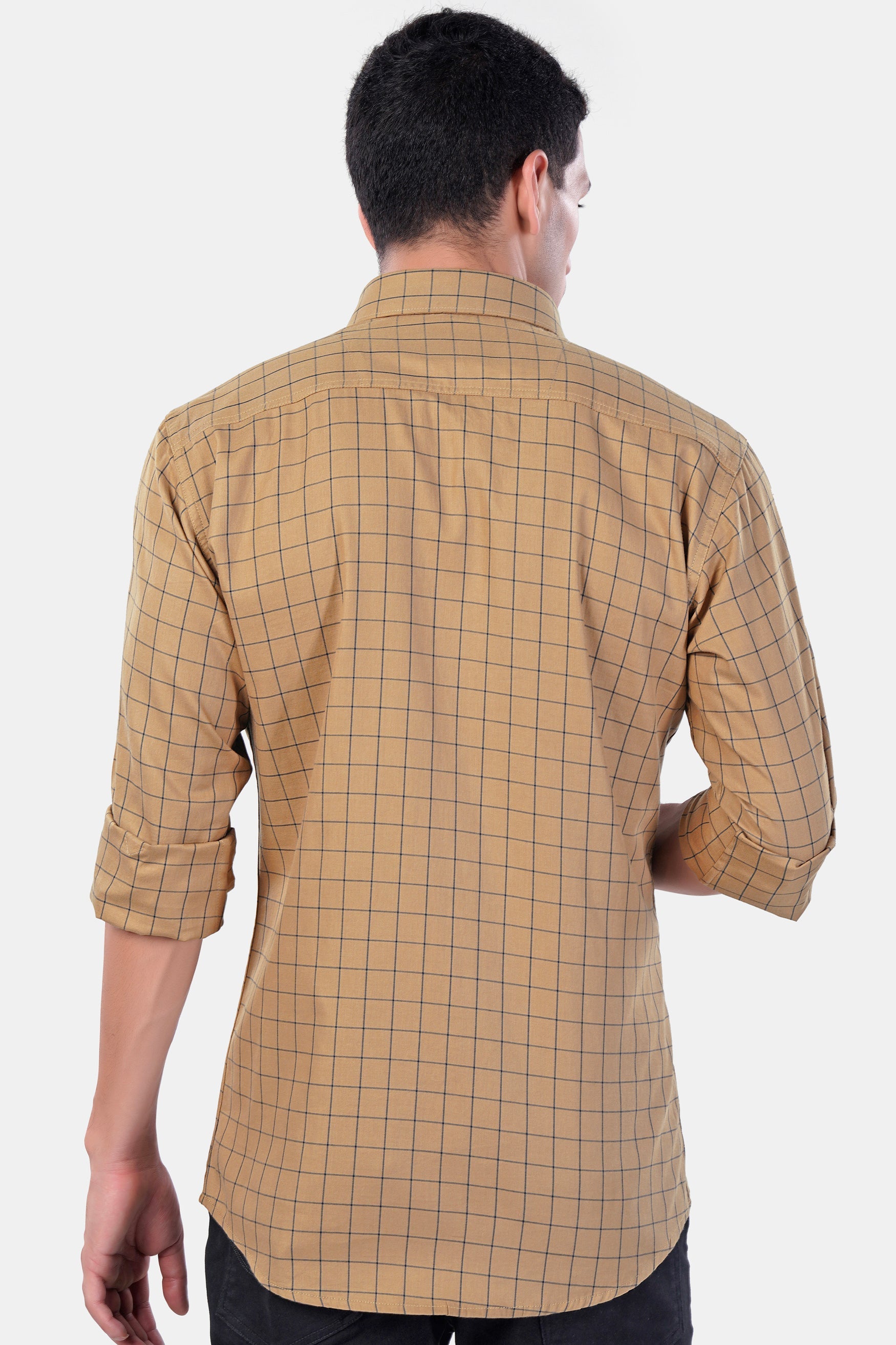 7swords-Tan Brown and Jade Black Windowpane Premium Cotton Shirt