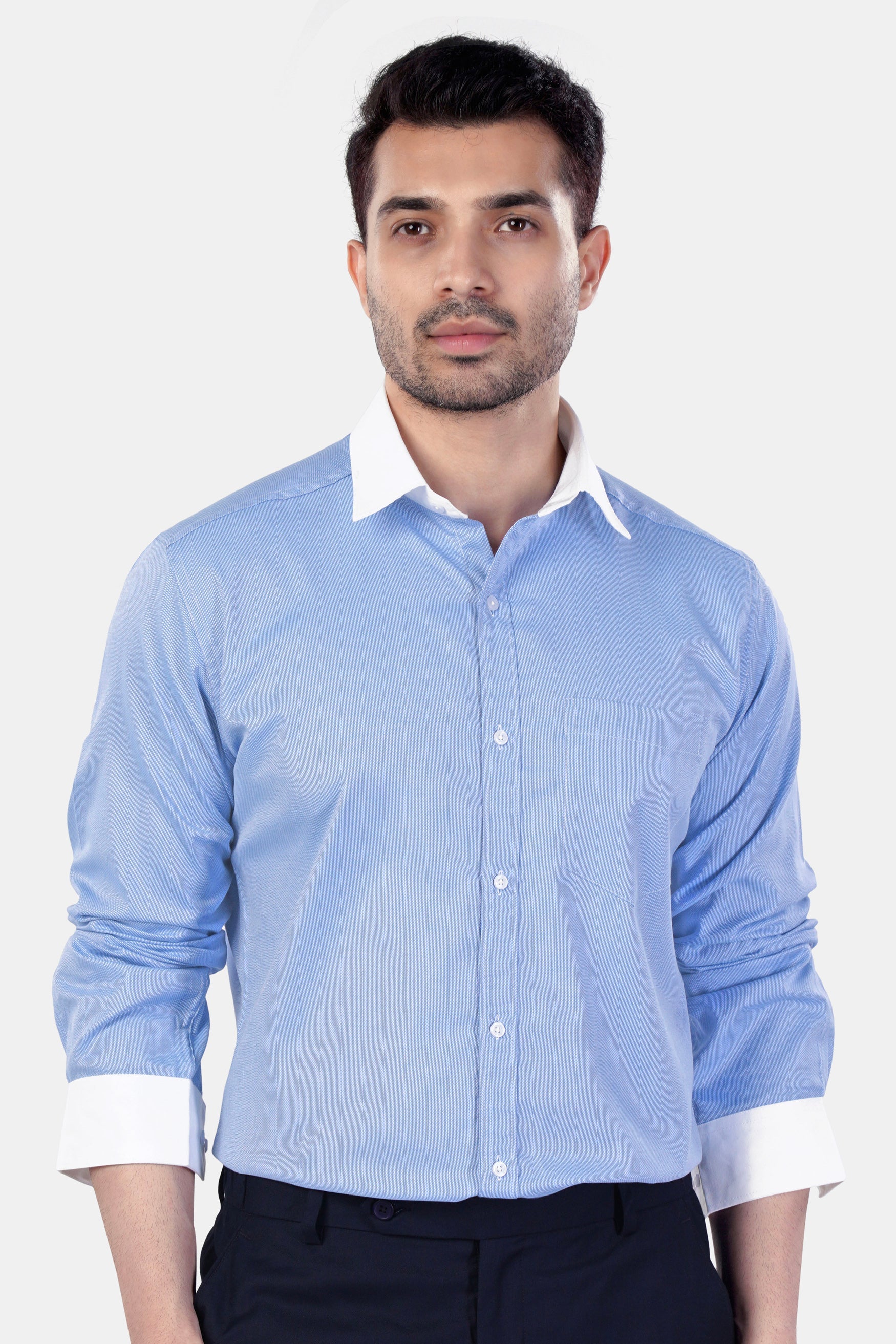 7swords-Tealish Blue with White Cuffs and Collar Premium Cotton Shirt