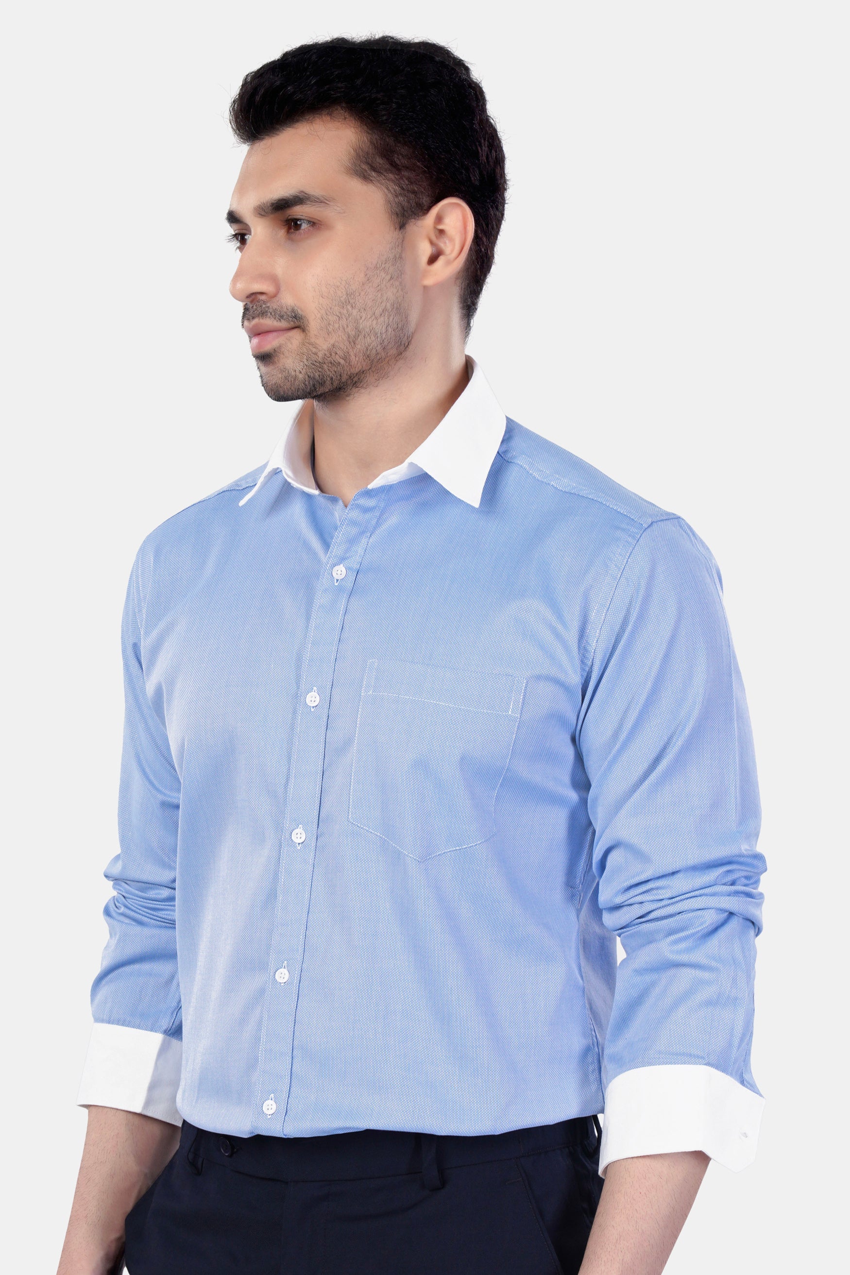 7swords-Tealish Blue with White Cuffs and Collar Premium Cotton Shirt