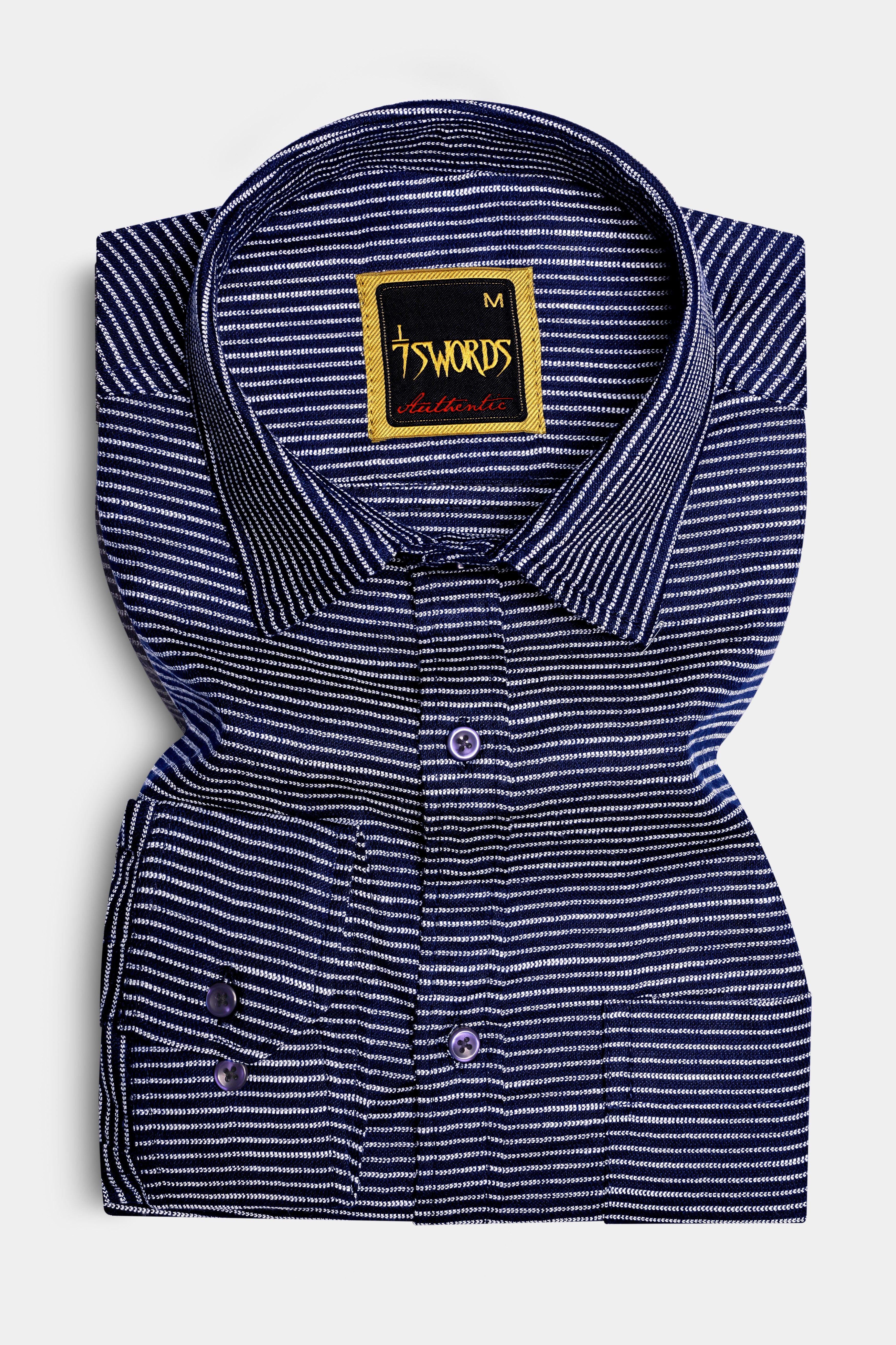 7swords-Navy Striped Premium Cotton Dress Shirt