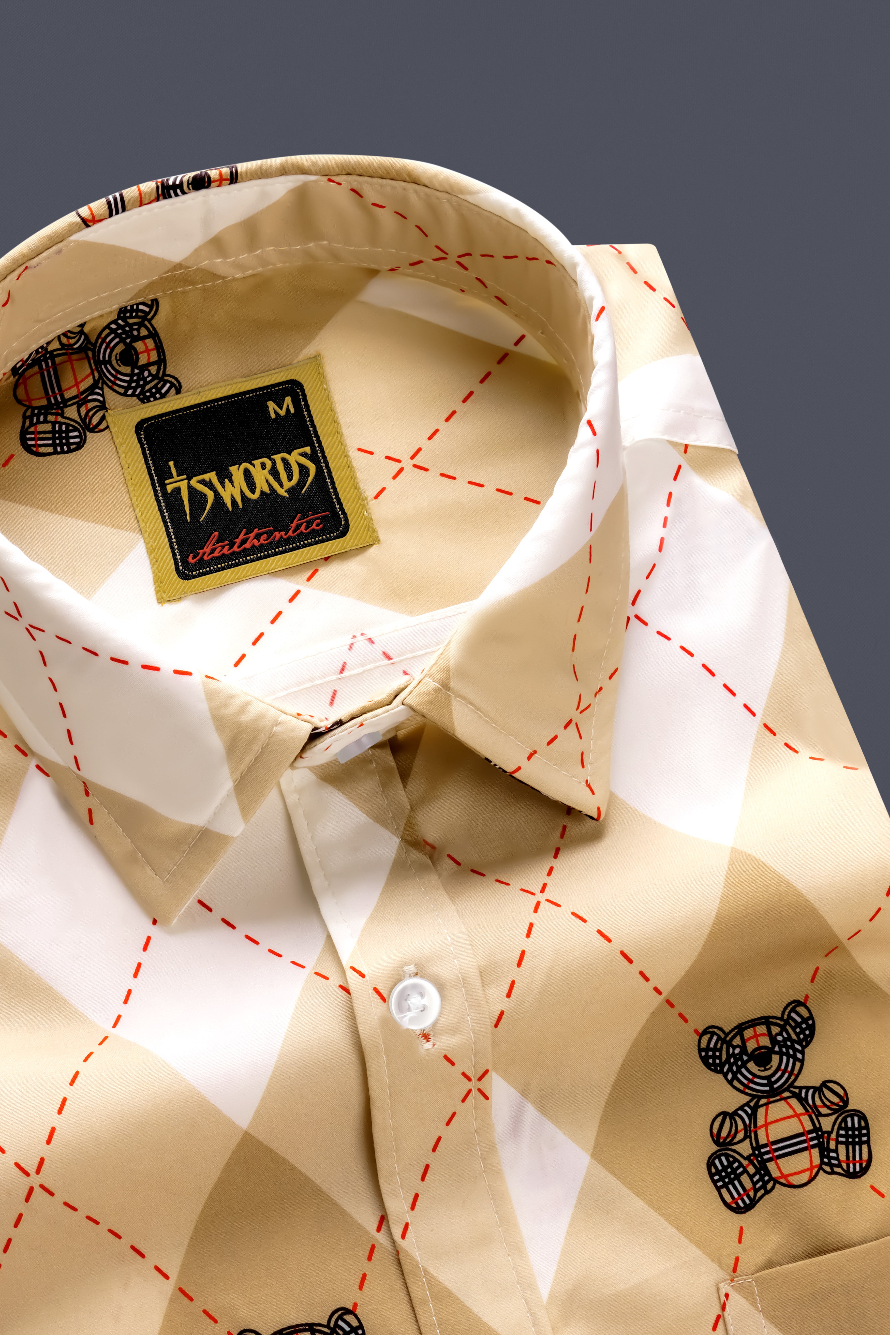 7swords-Manhattan Brown and White Geometric with Teddy Bear Printed Premium Cotton Casual Shirt