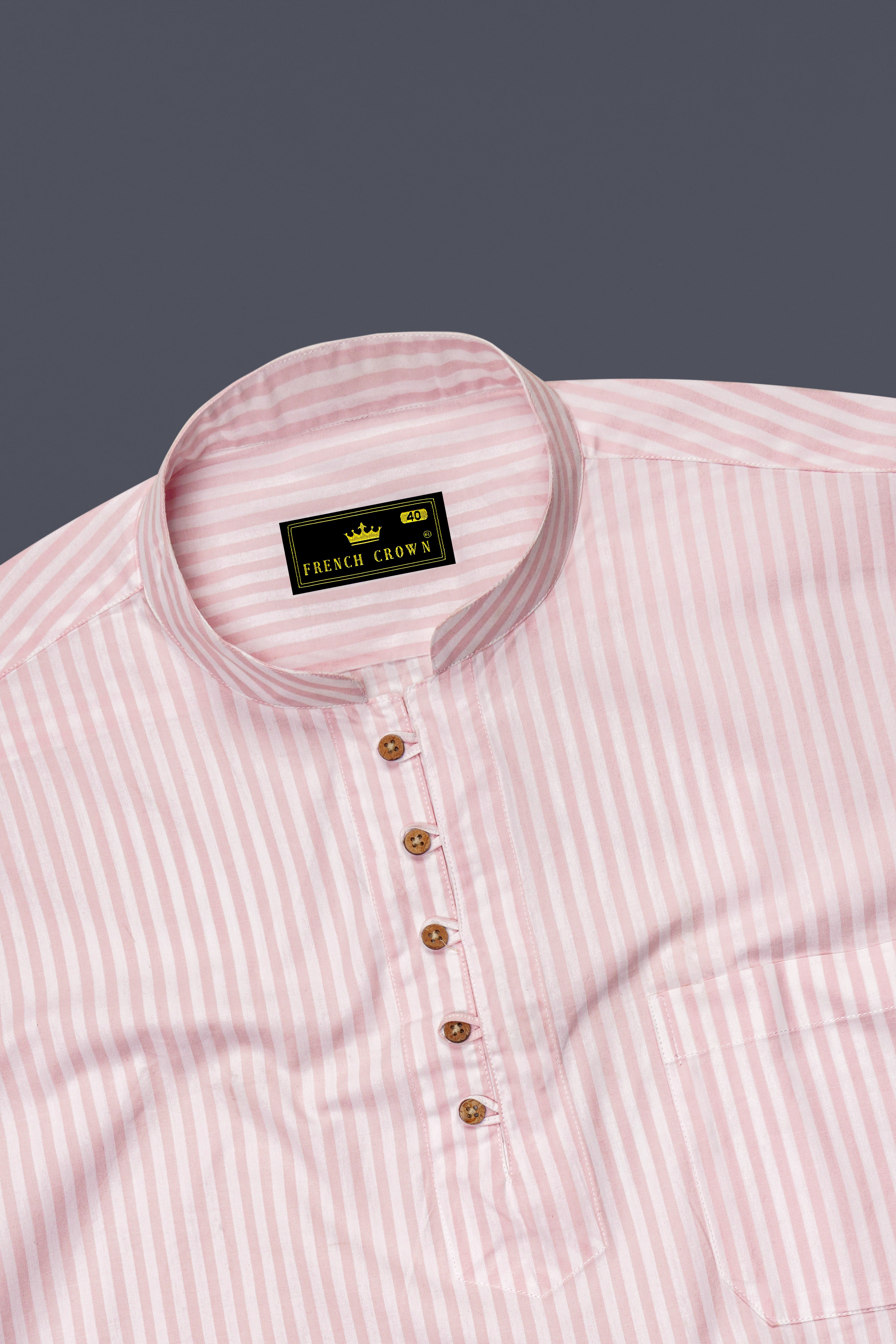 Cavern Pink with Sauvignon Beige Striped Premium Cotton Kurta Shirt