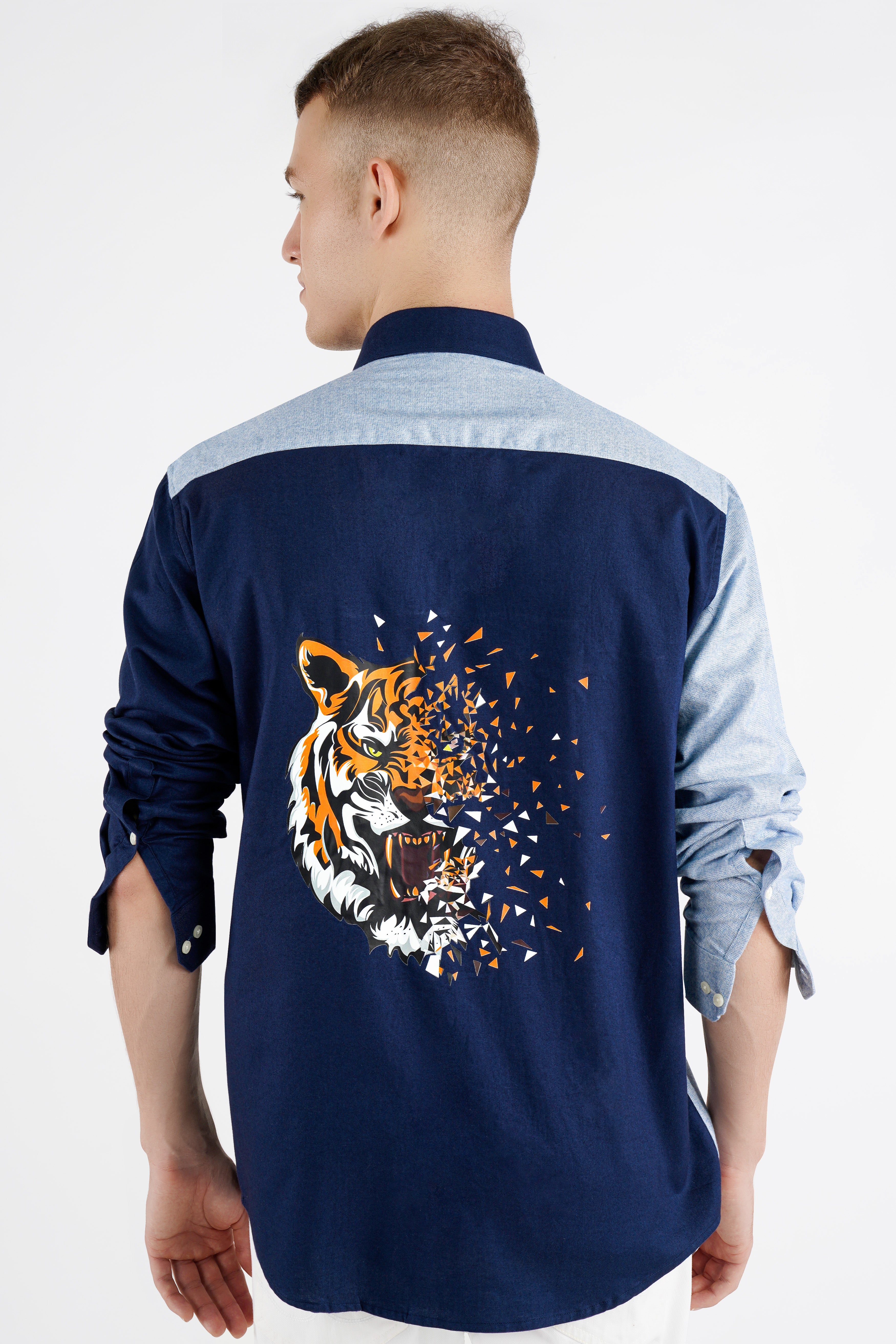 Cadet Blue with Midnight Navy Blue Tiger Printed Twill Premium Cotton Designer Shirt