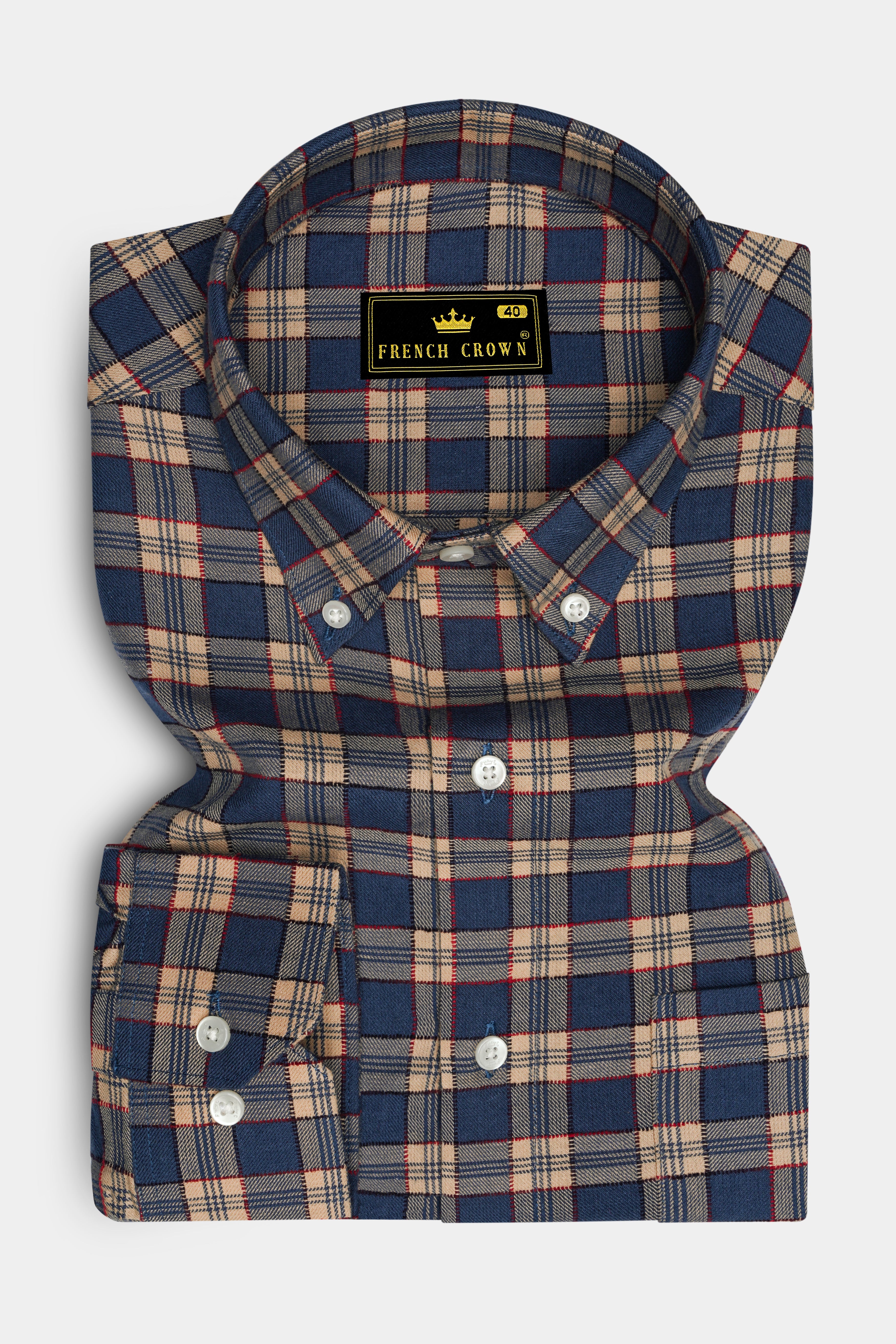 Tarawera Blue with Tequila Light Brown Plaid Dobby Textured Premium Giza Cotton Shirt