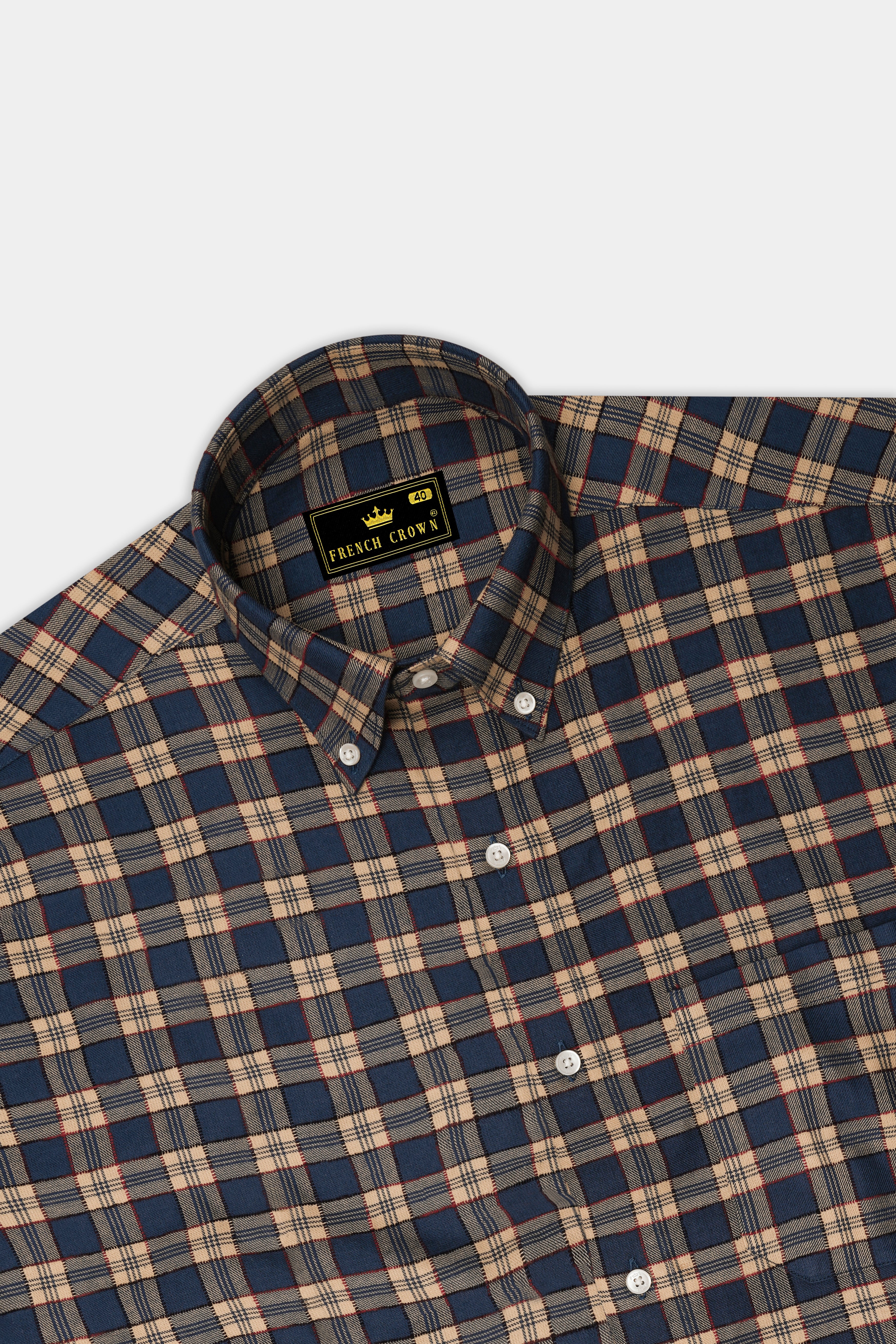 Tarawera Blue with Tequila Light Brown Plaid Dobby Textured Premium Giza Cotton Shirt