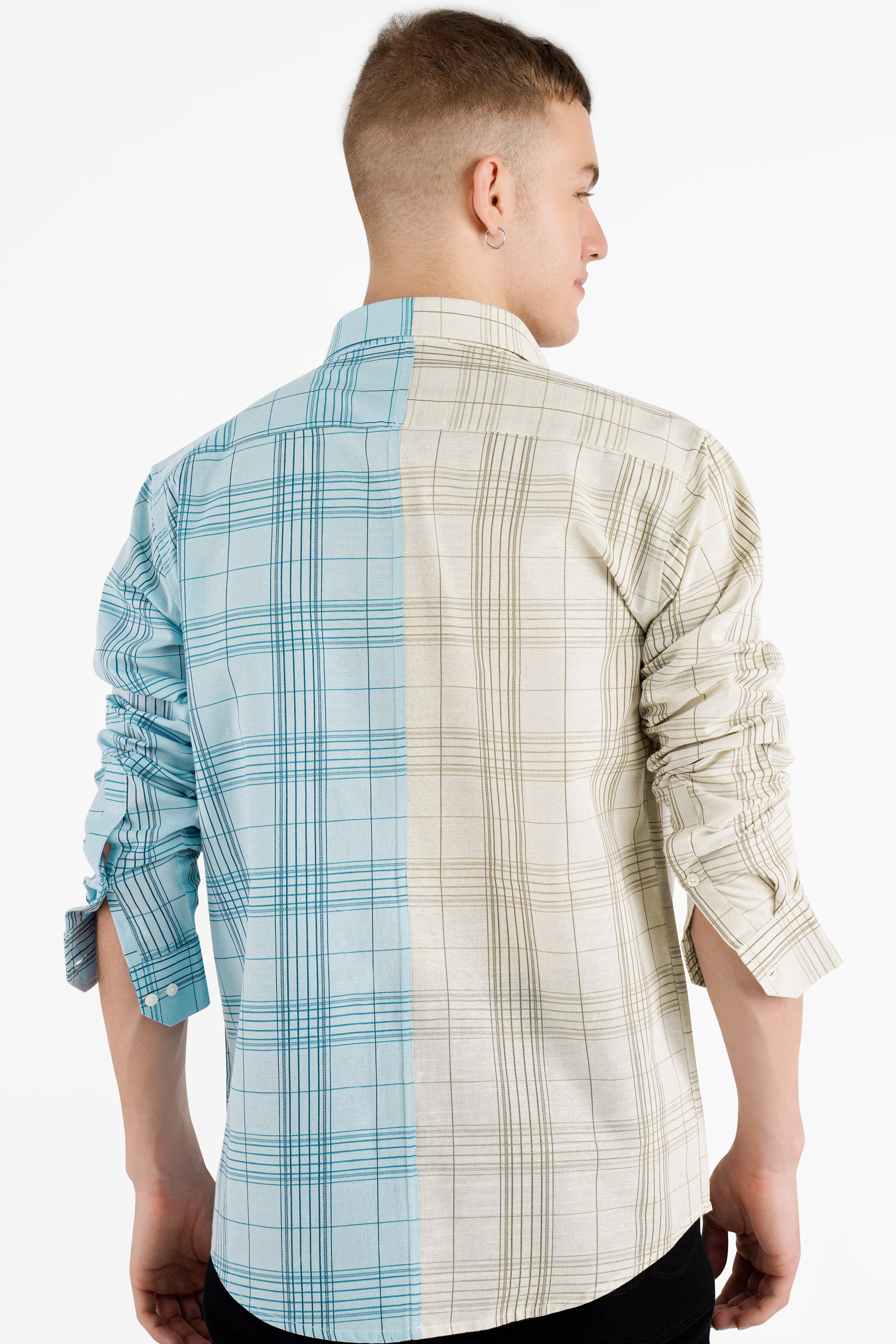 Half Blizzard Blue and Half Pavlova Brown Checkered with Patchwork Luxurious Linen Designer Shirt