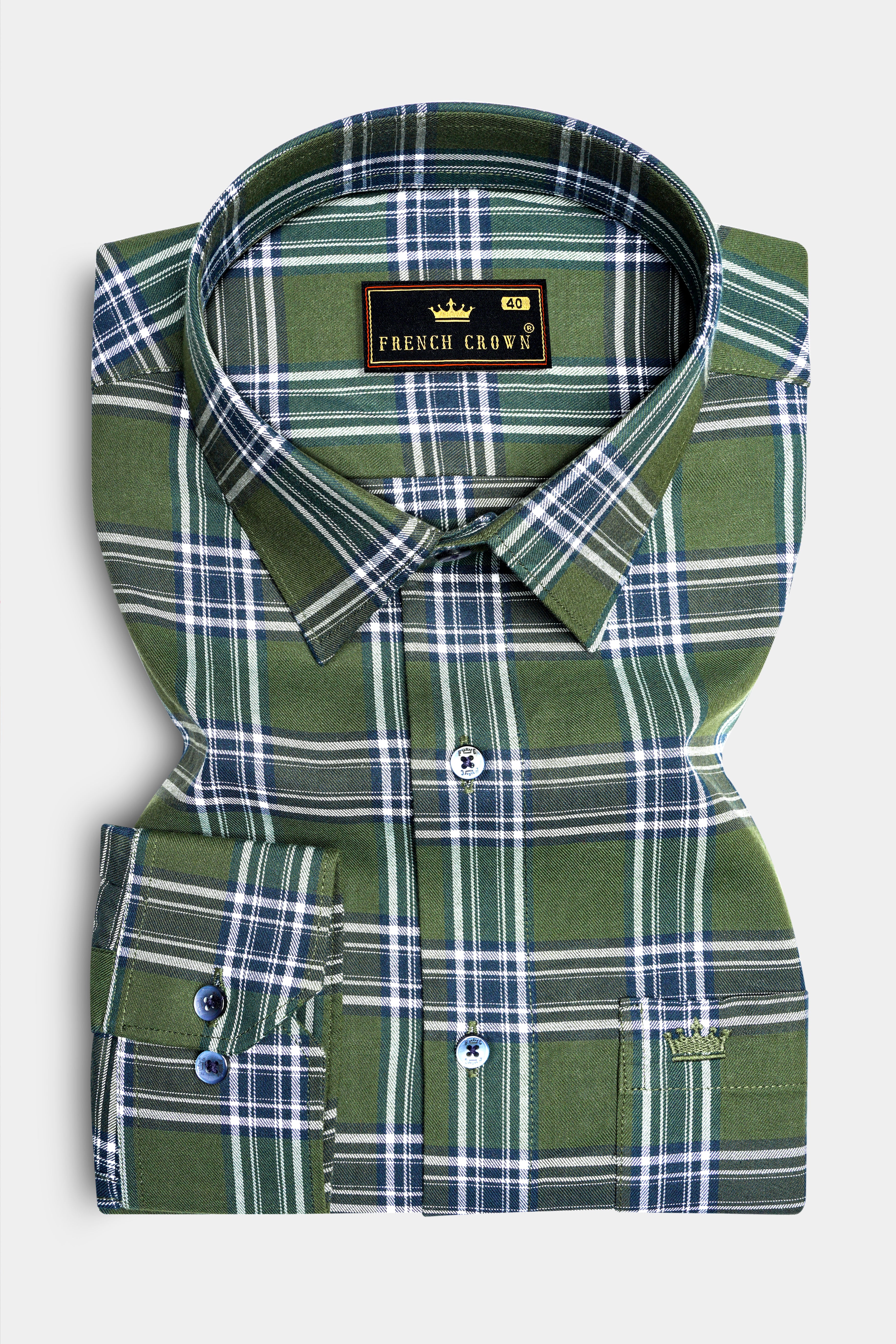 Asparagus Green with Bright White Twill Plaid Premium Cotton Shirt
