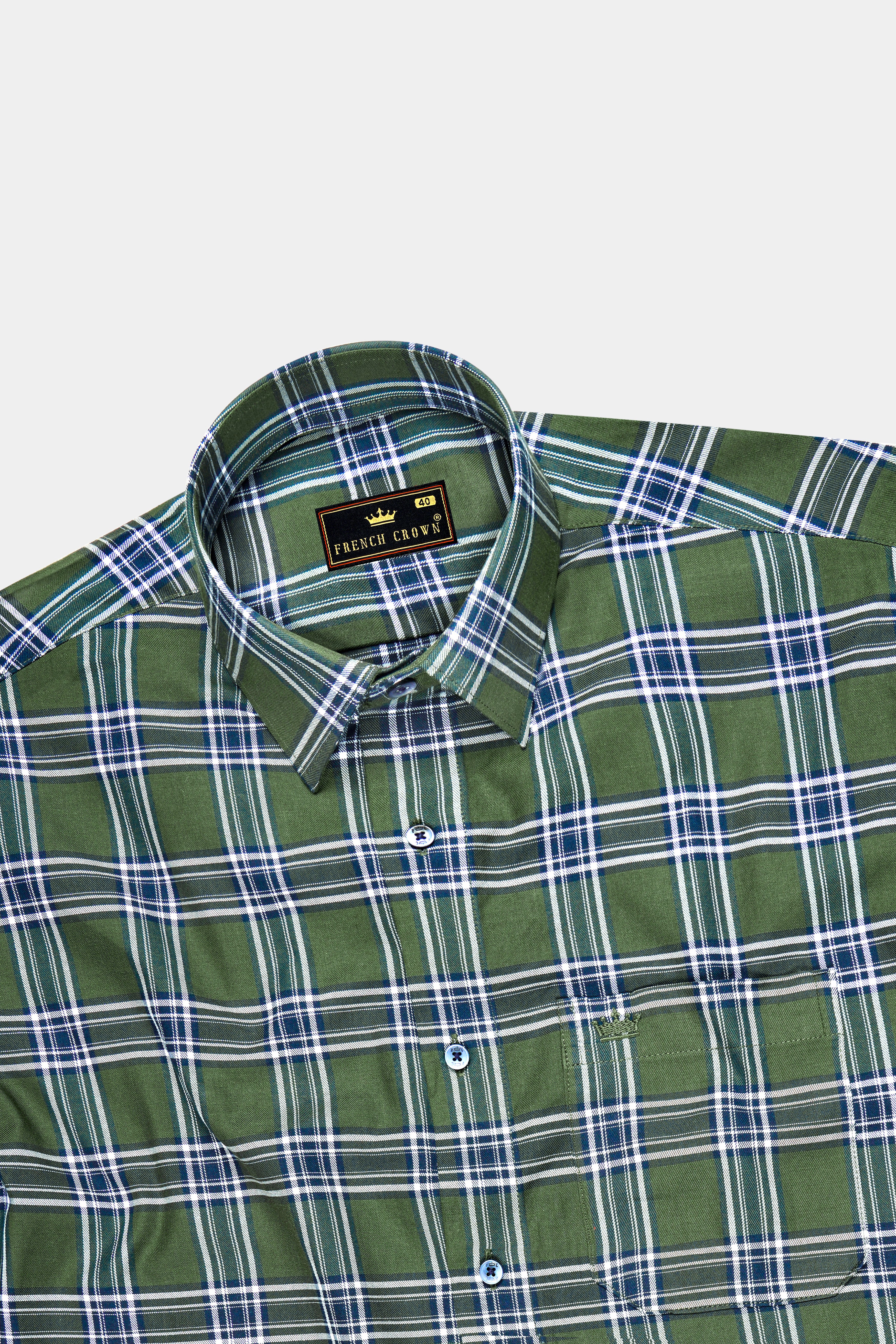 Asparagus Green with Bright White Twill Plaid Premium Cotton Shirt